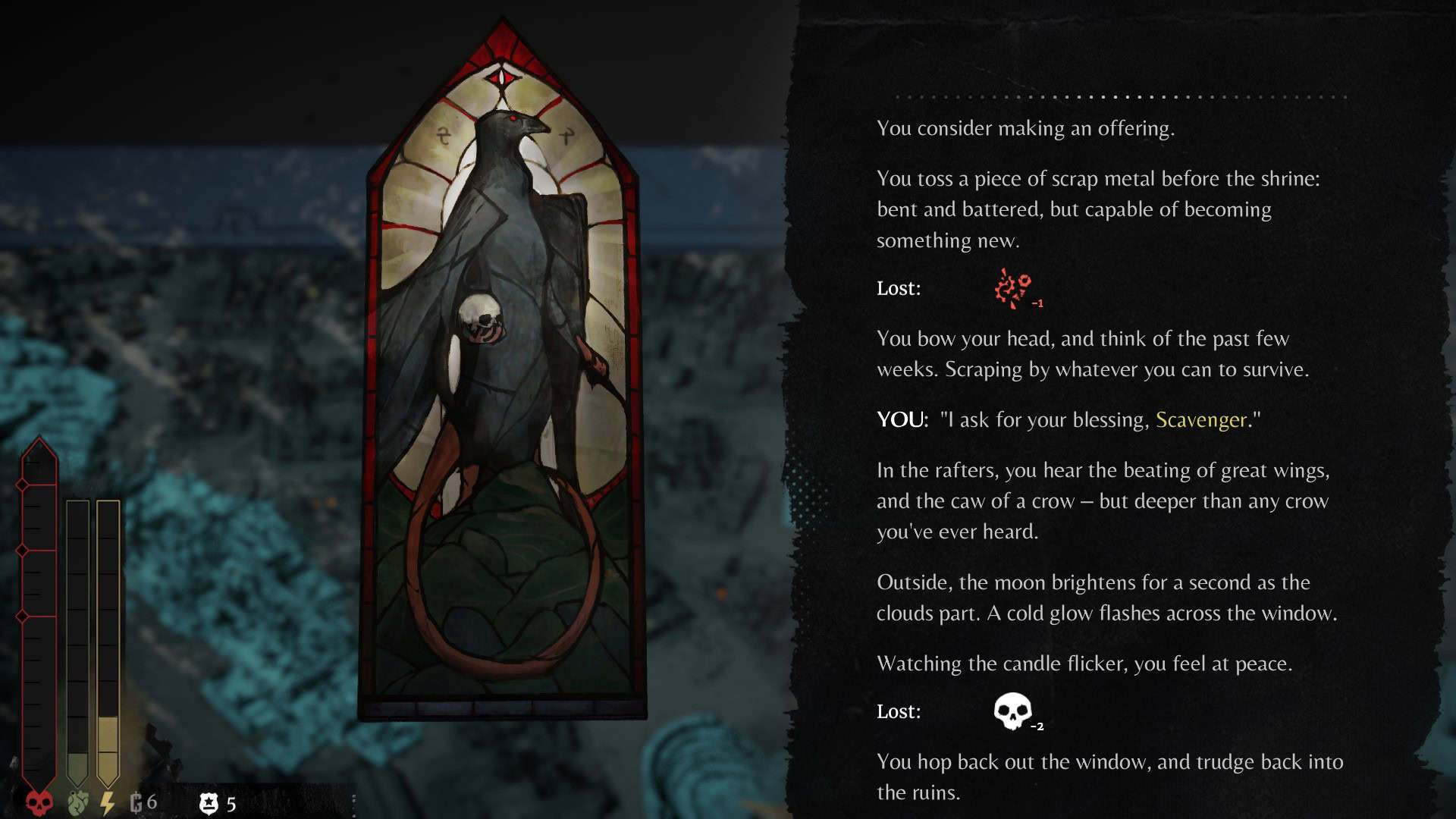 Dark stained glass illustration of a crow-like deity with a skull and tattered wings