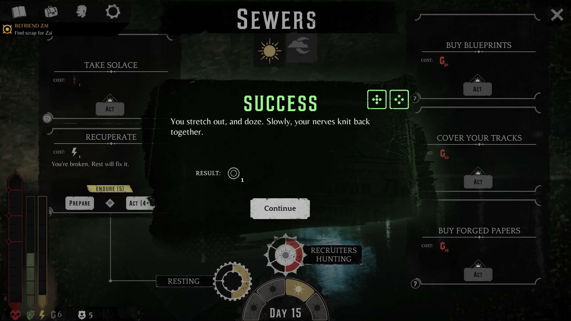 An image of the "Sewer" locale in Duskpunk, showing actions which players can undertake within that locale