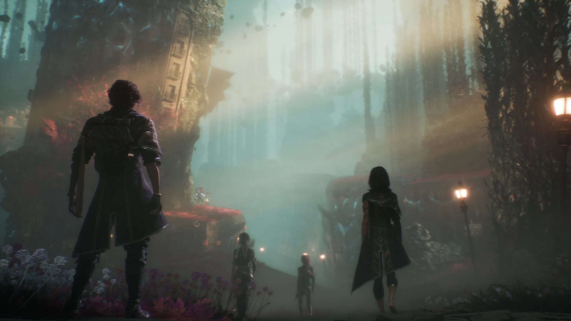 Expeditioners stare up at crumbling ruins of a city in an underwater biome.