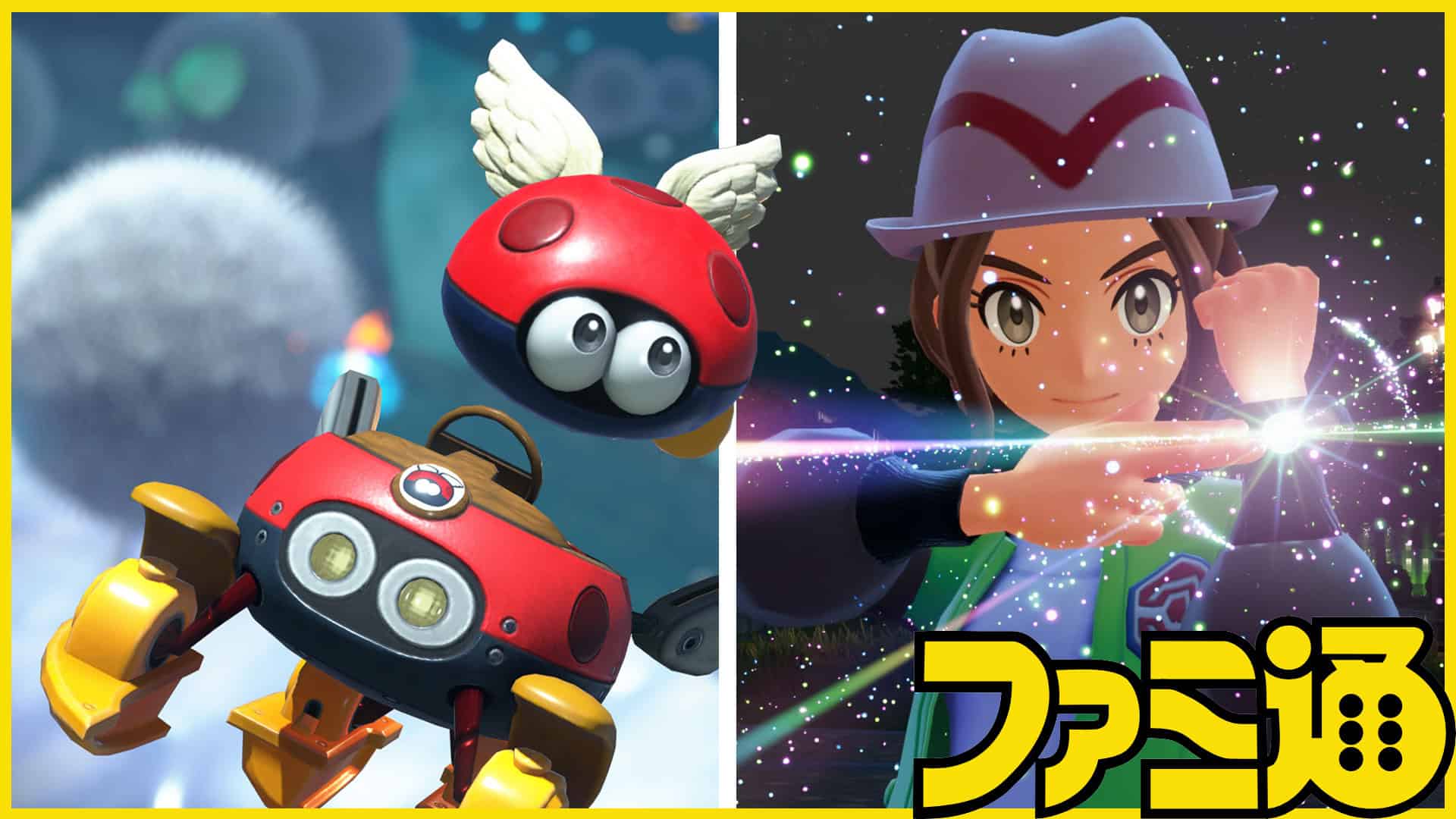 Famitsu side-by-side graphic of a Para-Biddybud in Mario Kart World and a trainer using their mega stone in Pokemon Legends Z-A