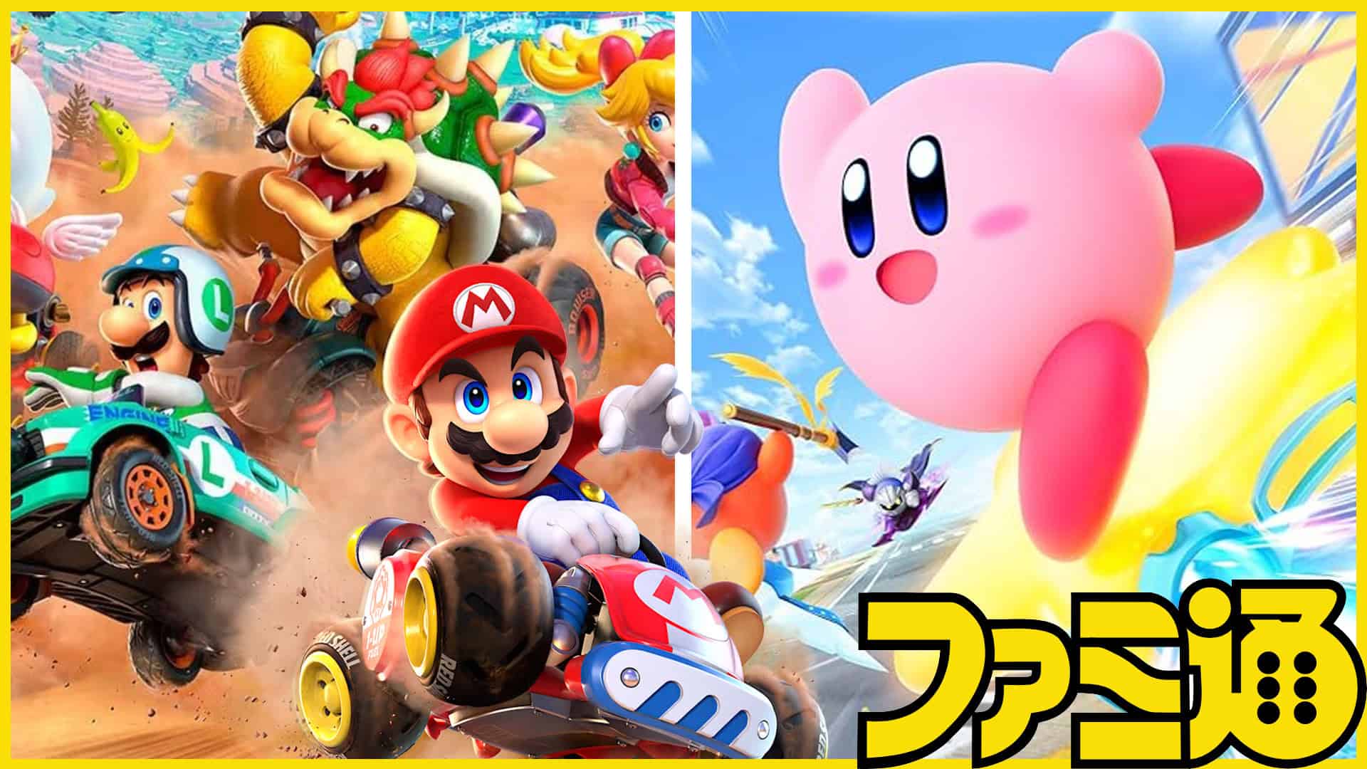Mario Kart World and Kirby Air Riders in a side-by-side split image, with Mario in his Kart crossing through the borders of the image.