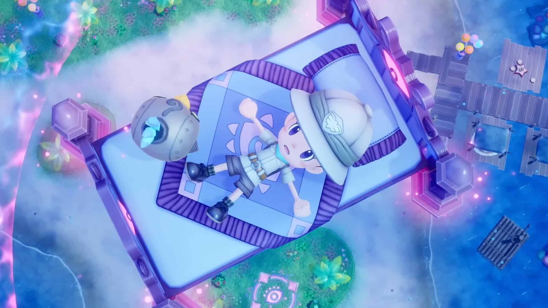 Fantasy Life i The Girl Who Steals Time Snoozaland screenshot showing the character floating down to the ground in a bed