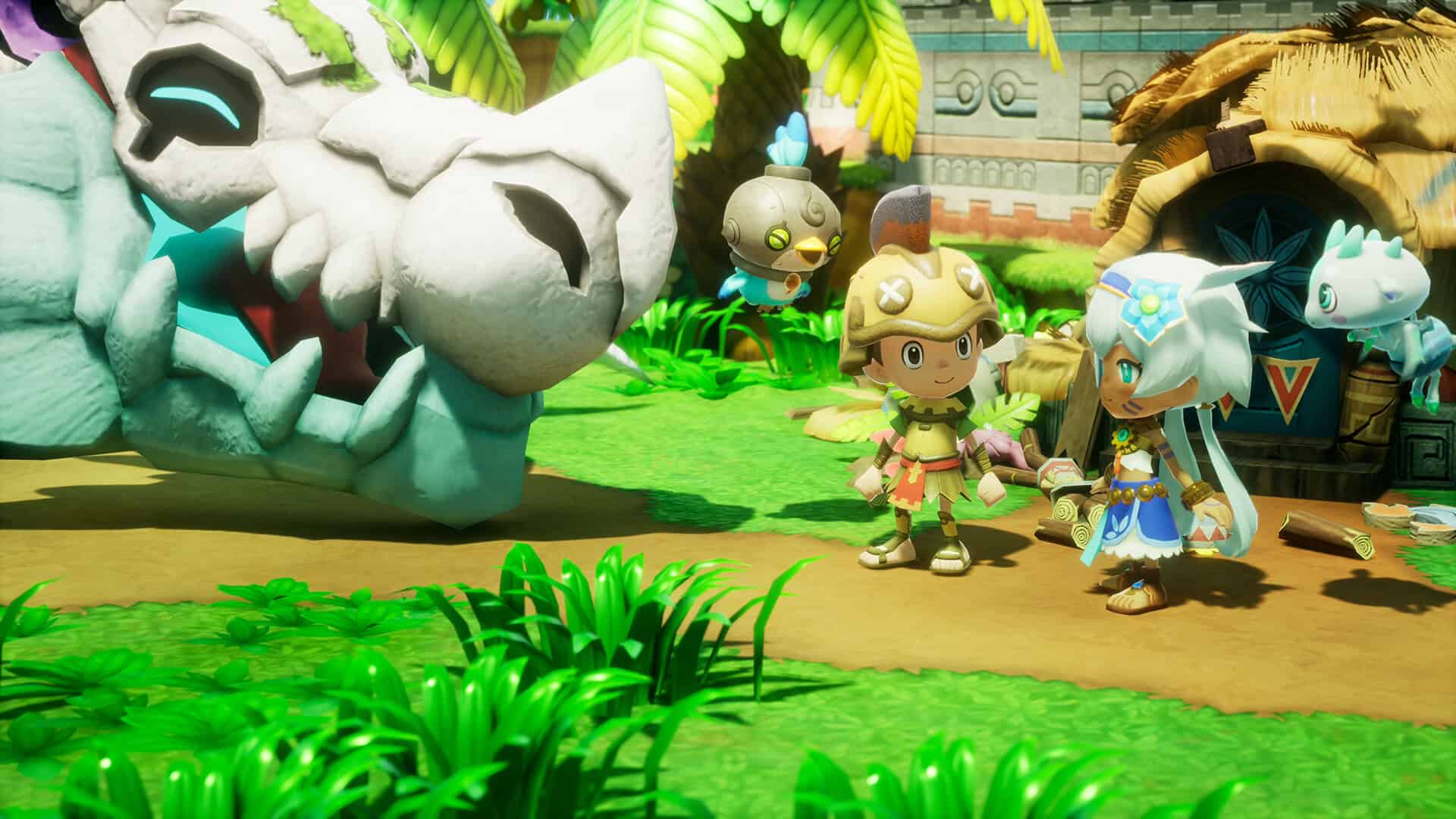 Fantasy Life i The Girl Who Steals Time screenshot showing the player talking to a girl and a dragon made of bones