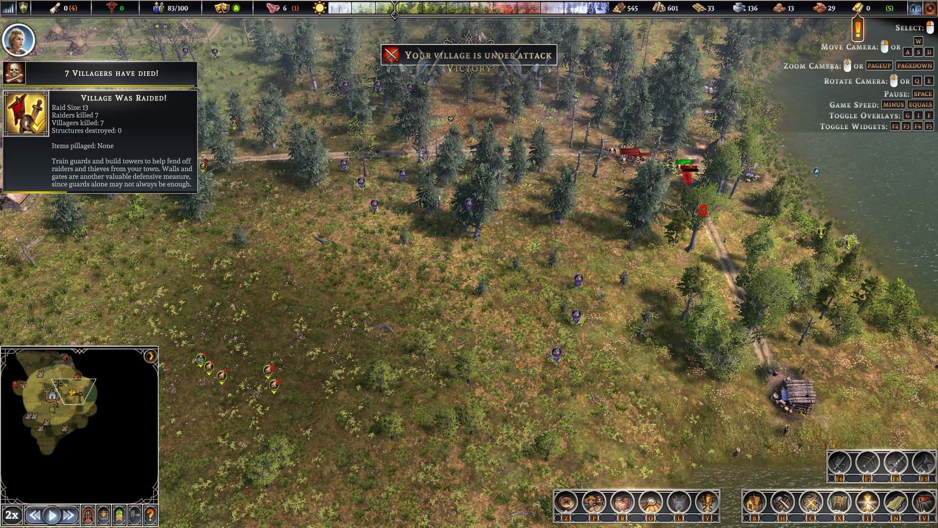 A screenshot of a village under attack in Farthest Frontier.
