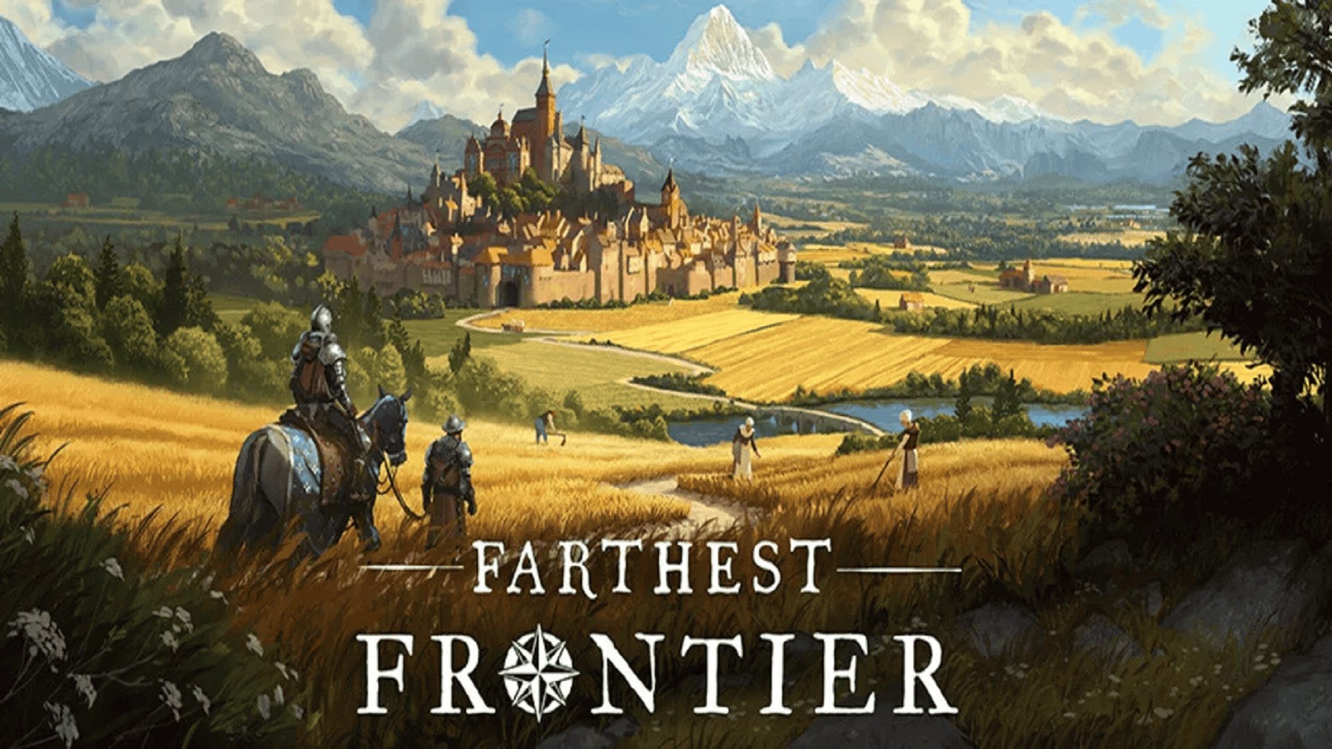 Vibrant fantasy landscape with knights riding through golden fields toward a medieval castle and snow-capped mountains.