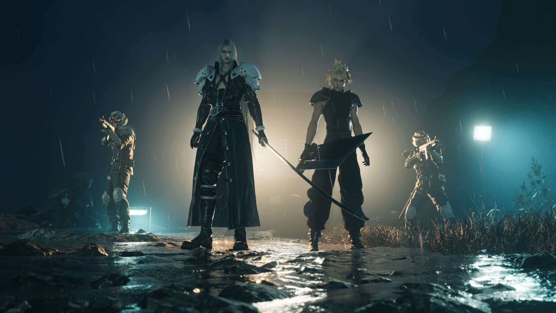 A screenshot of Final Fantasy VII Rebirth with Sephiroth and Cloud stood side by side.
