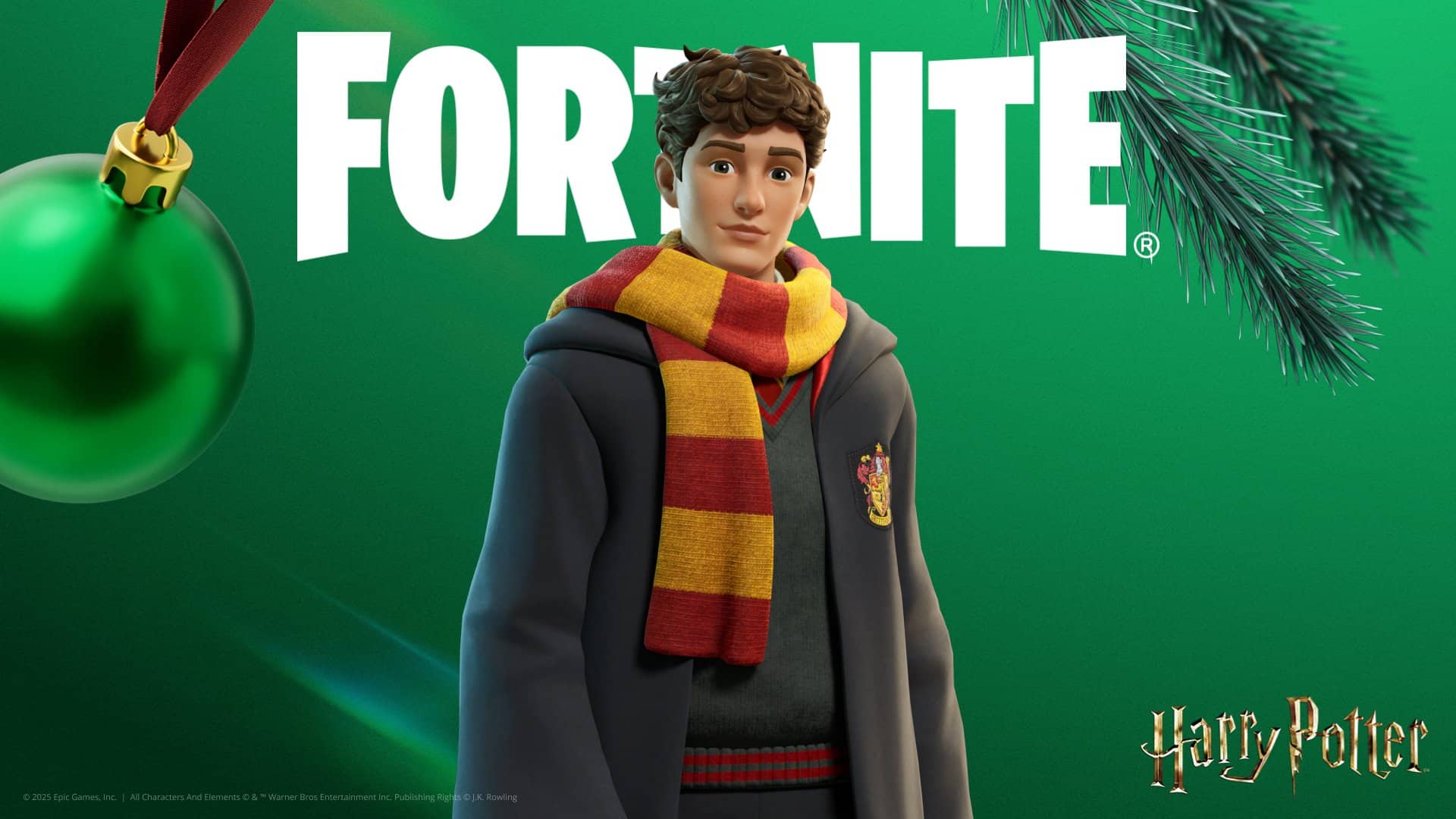 Fortnite's Winterfest 2025 artwork featuring a Hogwarts student in a Gryffindor scarf stood against a green background, with a golden Harry Potter logo in the bottom right corner.