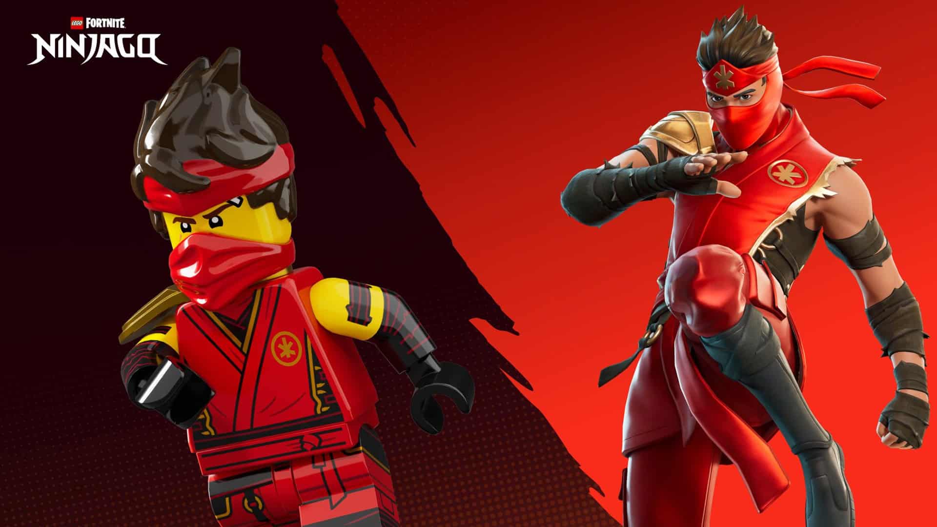 Fortnite LEGO Ninjago image with both LEGO minifigure and human Kai variants posing side-by-side on a red backdrop.