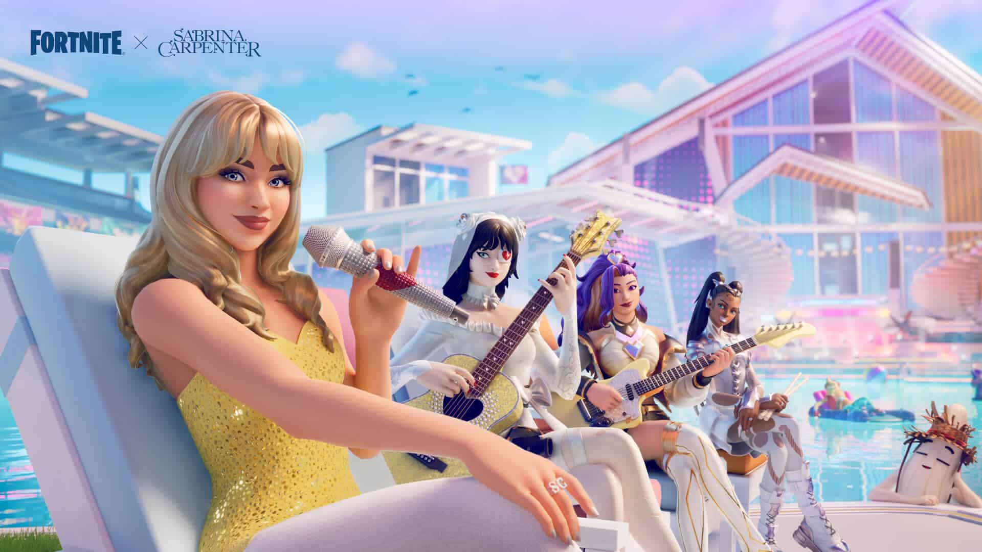 Fortnite festival artwork showing Sabrina Carpenter posing with a microphone on a chair by a pool