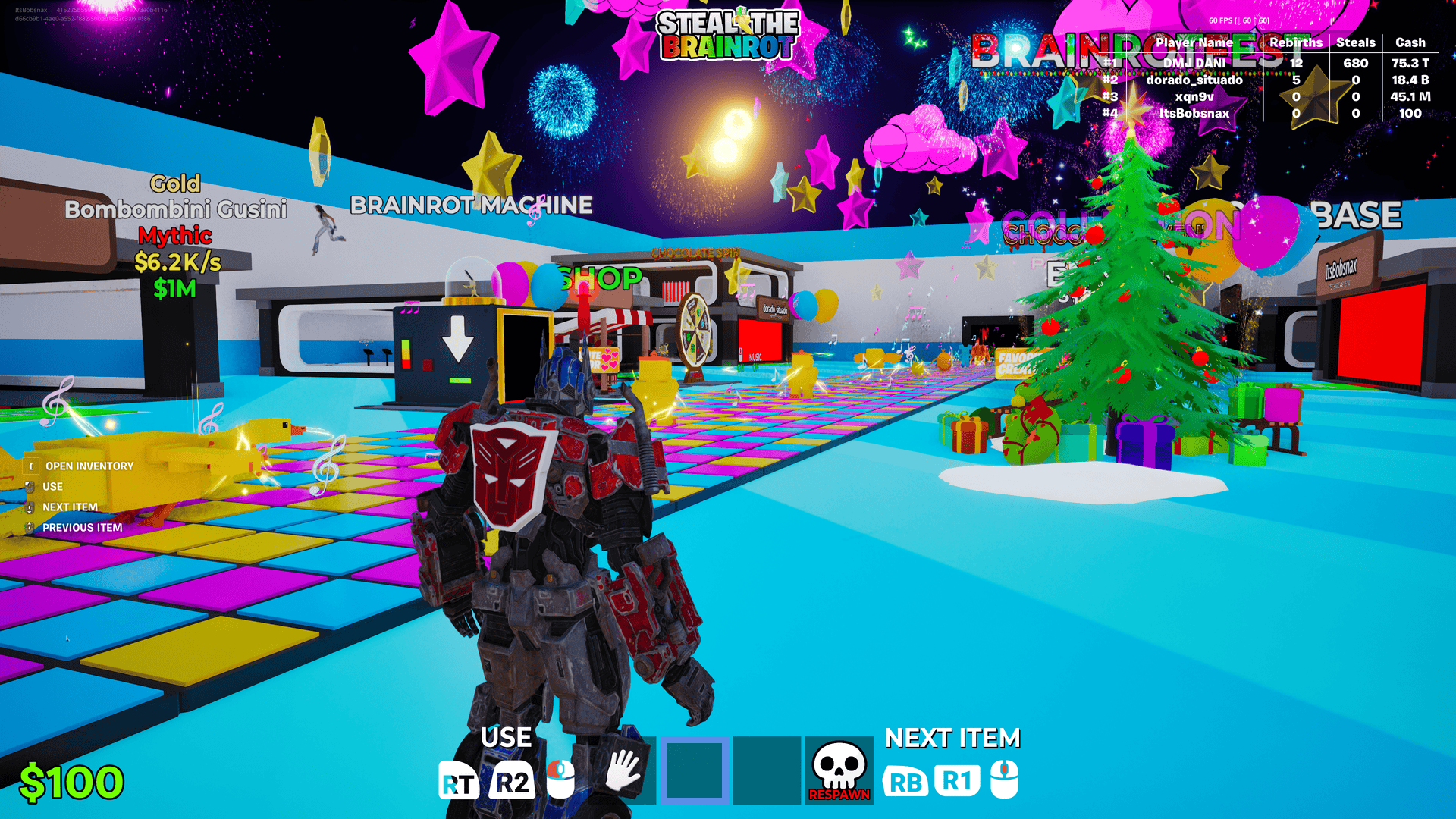 Fortnite Screenshot in Steal A Brainrot with Optimus Prime watching a conveyor of characters