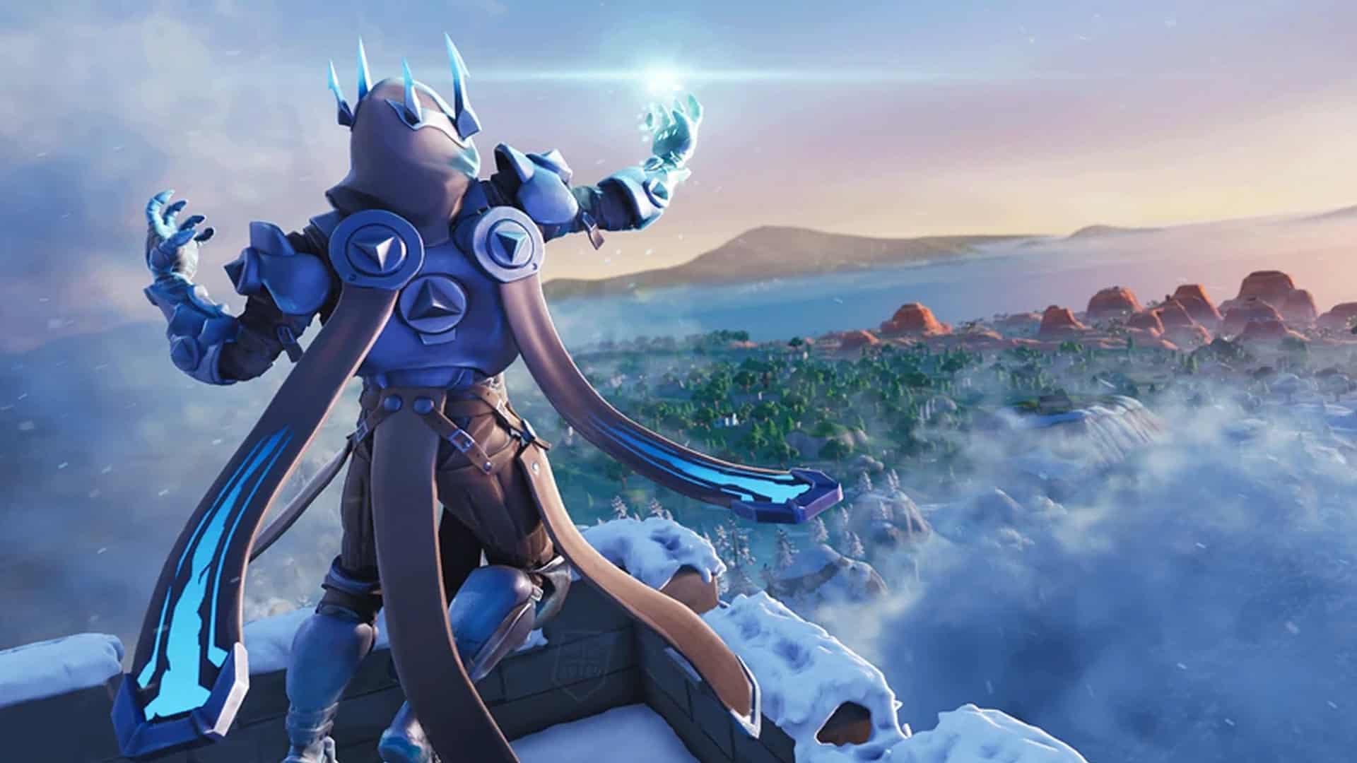 Fortnite Season 7 artwork showing the Ice King magically summoning a snow storm across the island.