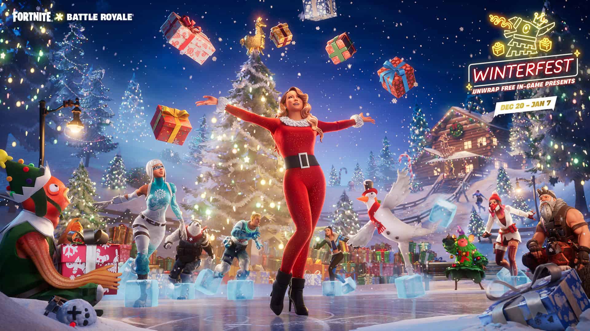 Fortnite Winterfest 2024 artwork featuring Mariah Carey surrounded by falling gifts, Christmas decorations and festive Fortnite characters.