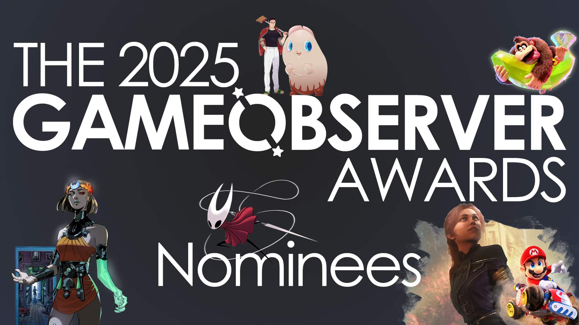 The 2025 GameObserver Awards nominees card, featuring Melinoe from Hades 2, Mario in a Kart, Donkey Kong on a Banandium gem and more.