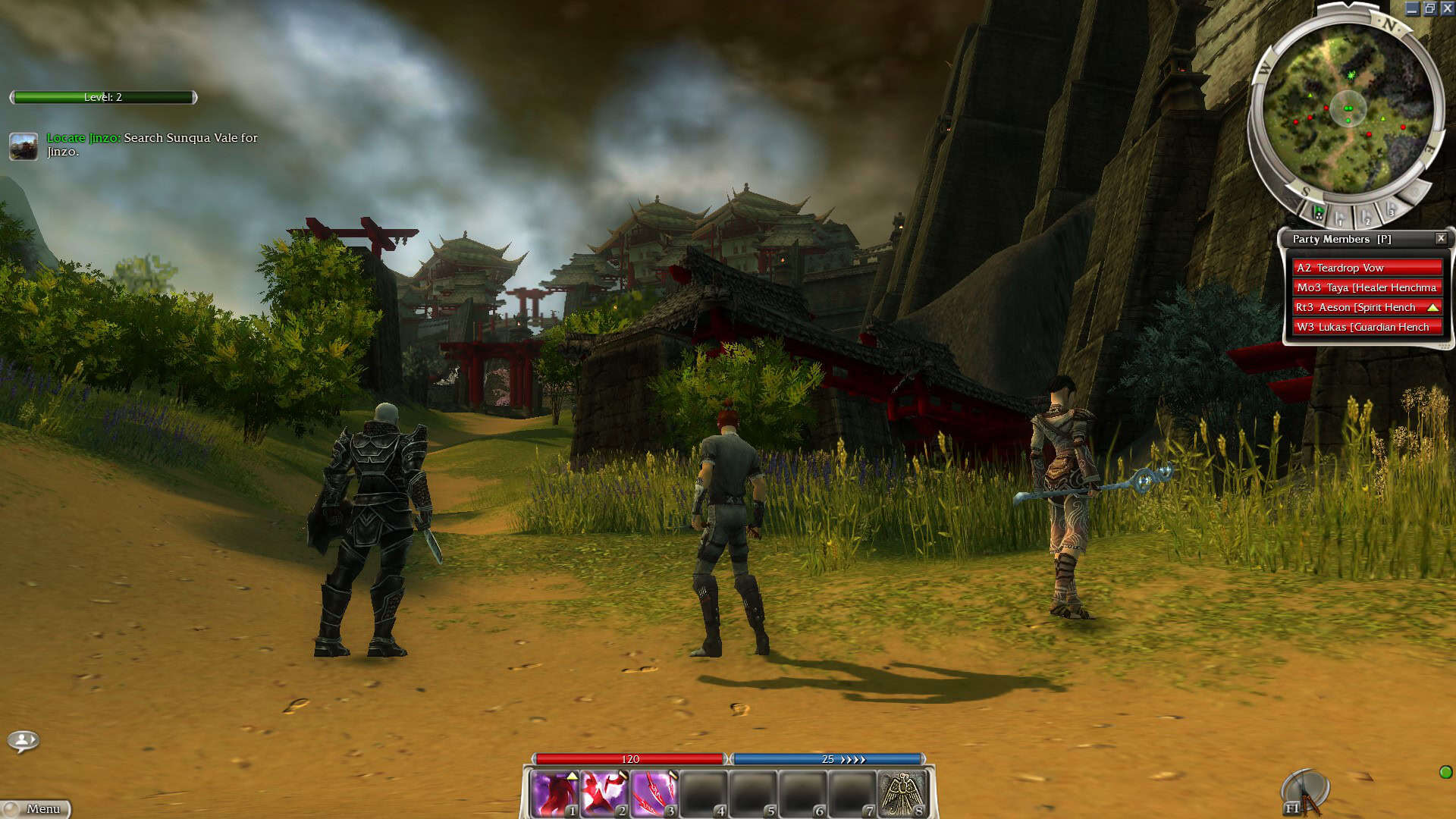 Three characters, one heavily armored, the other two in lighter cloathing, standing on a road with large structures in the background