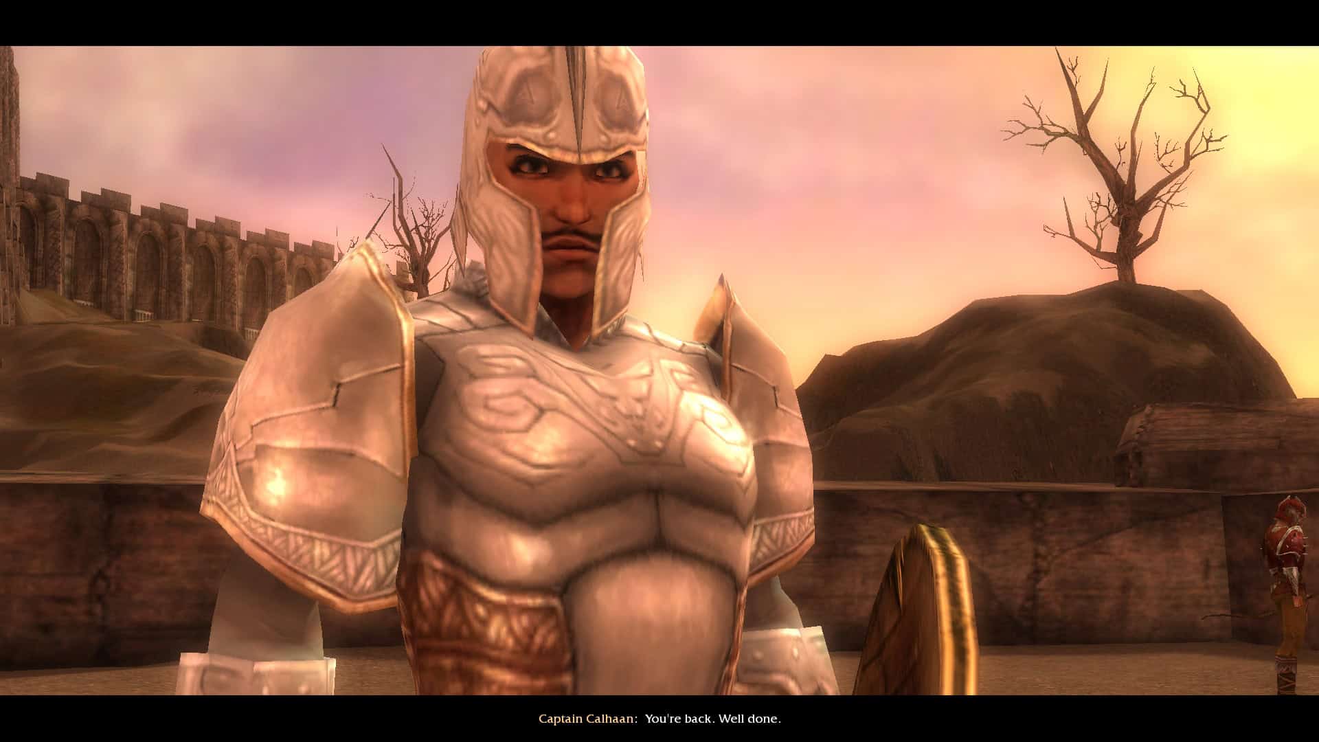 A knight standing on a wall, addressing the player