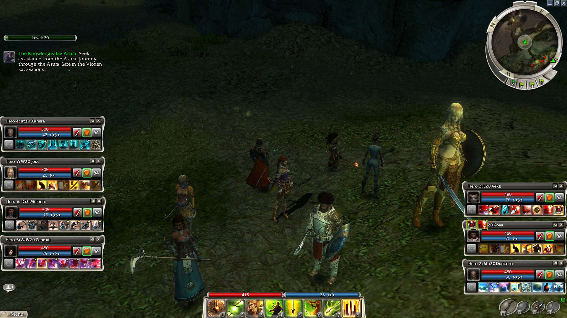 A group of characters standing in a cave, each of their respective skills and health bars displayed