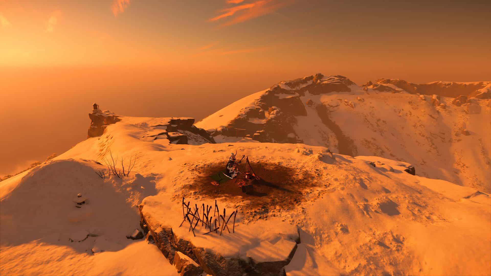 A wide angle shot of the top of Mt. Yotei, an armored warrior sitting near a campfire with a samishen in hand