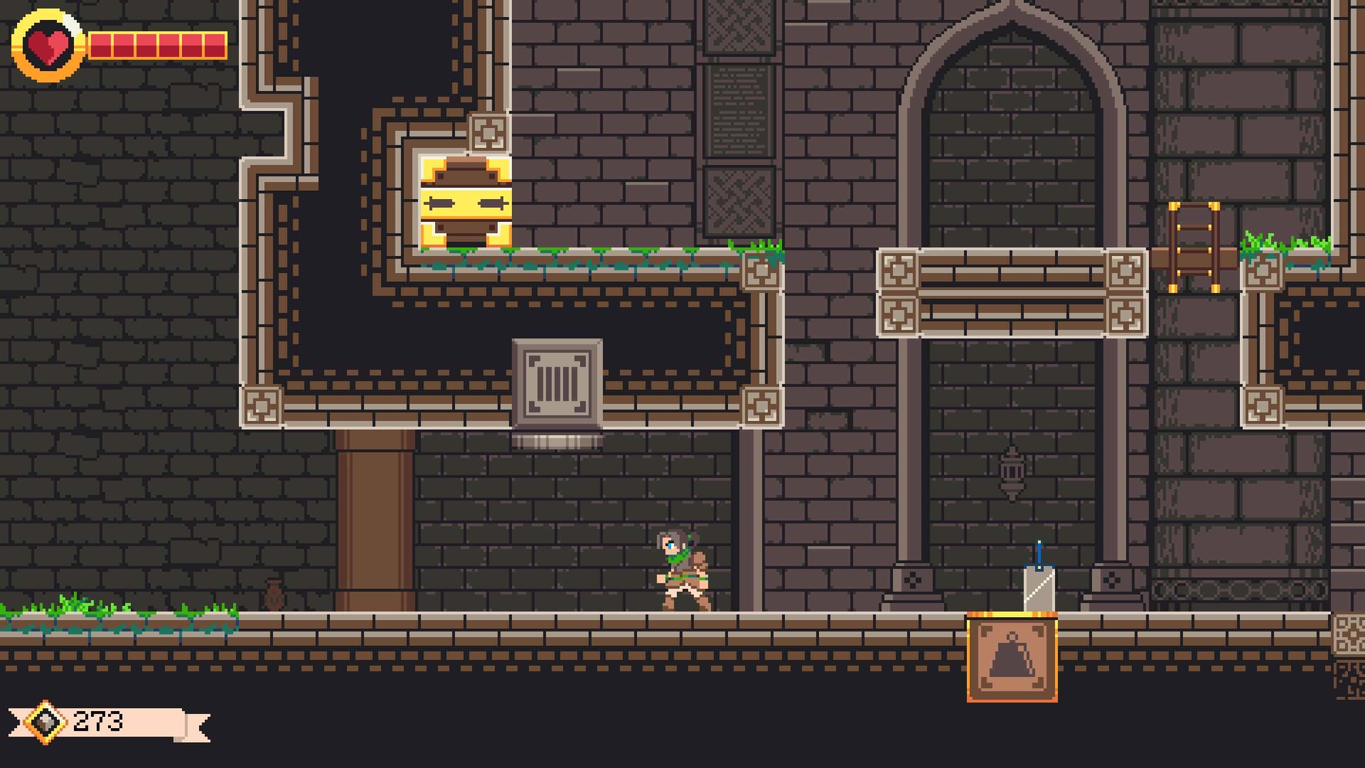 Ezra drops his sword to hold a pressure plate, opening a gate to allow him to climb a wall to drop a ladder to let him use his sword to move a block to hold the button instead