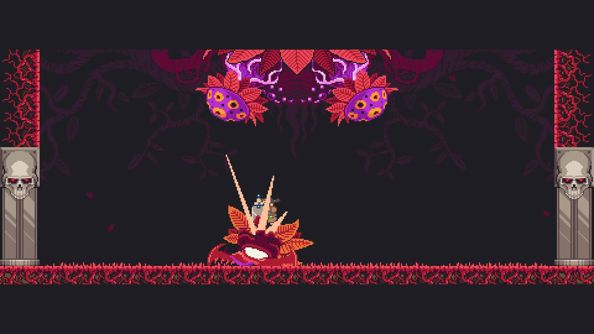 Ezra stands atop a defeated boss and drives the gigasword into its body in a finishing blow