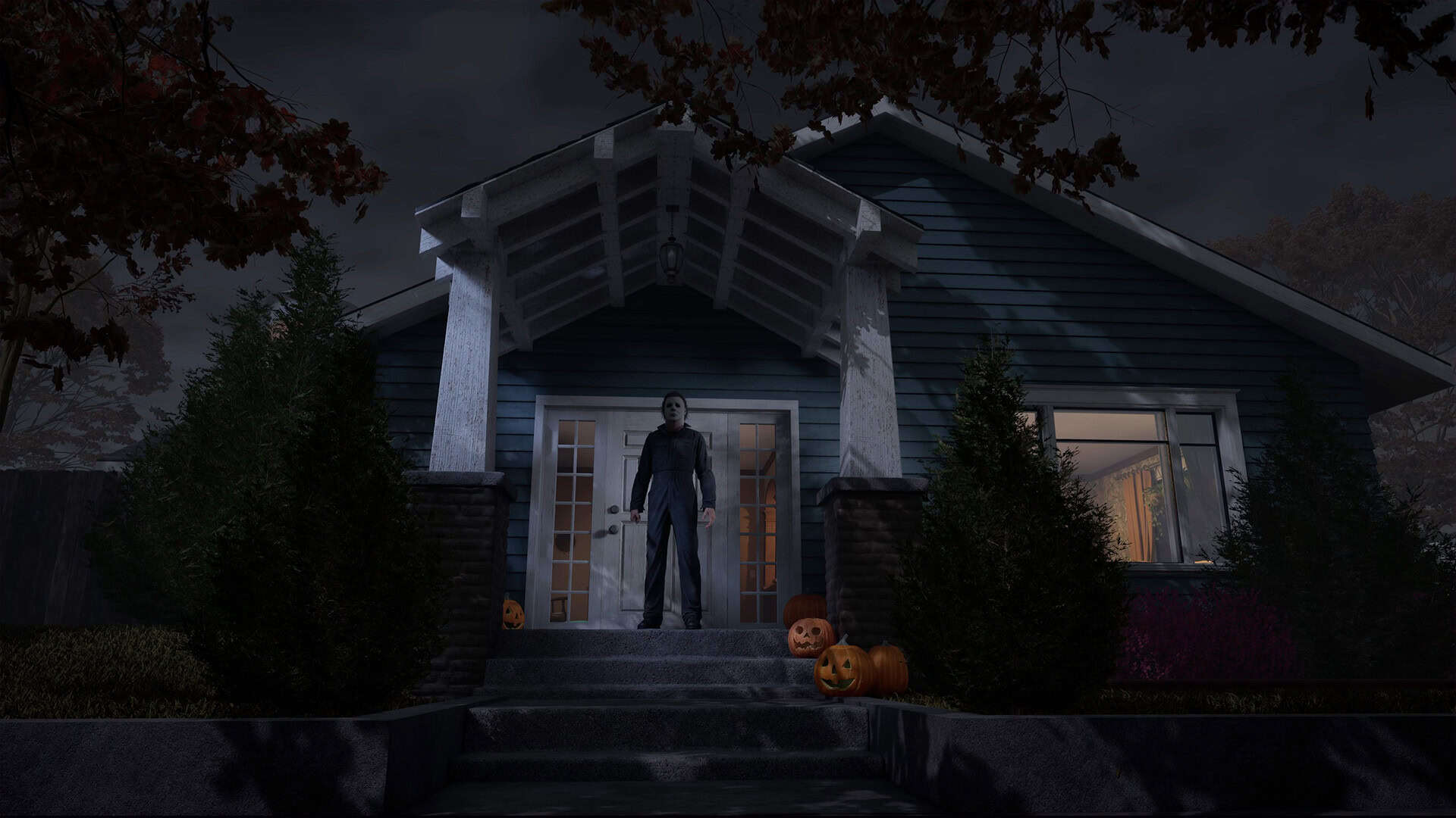 A screenshot from the 2026 Halloween game. Michael Myers is stood on the doorstep of a house in Haddonfield.