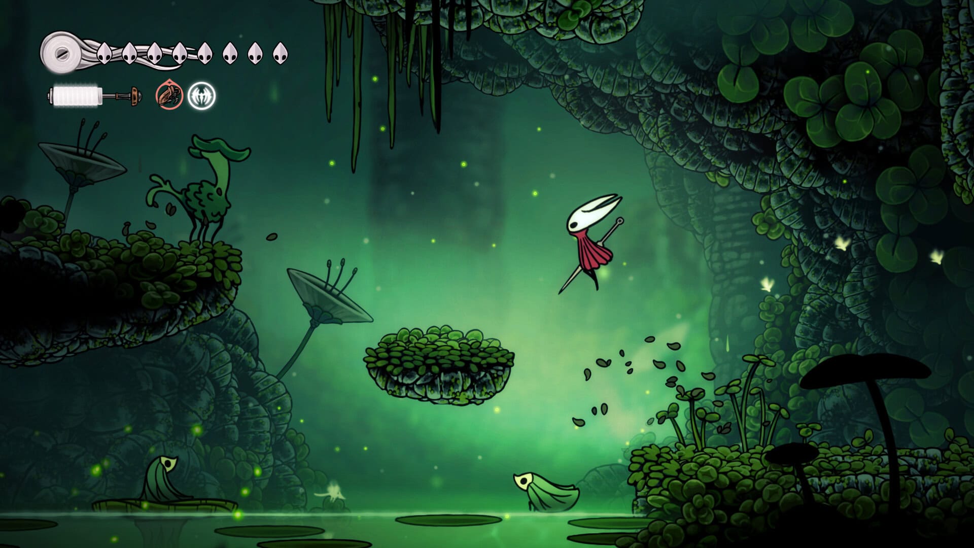 Hollow Knight Silksong screenshot with a green, forest background as Hornet jumps into the air