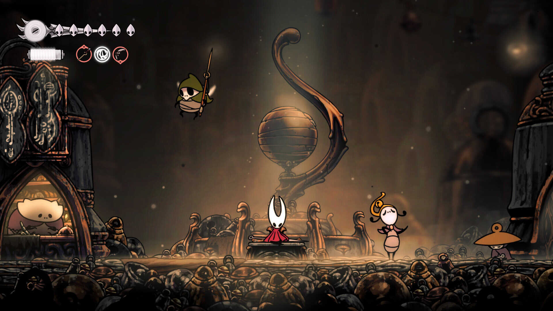 A screenshot of Hornet sitting on a bench in Hollow Knight: Silksong