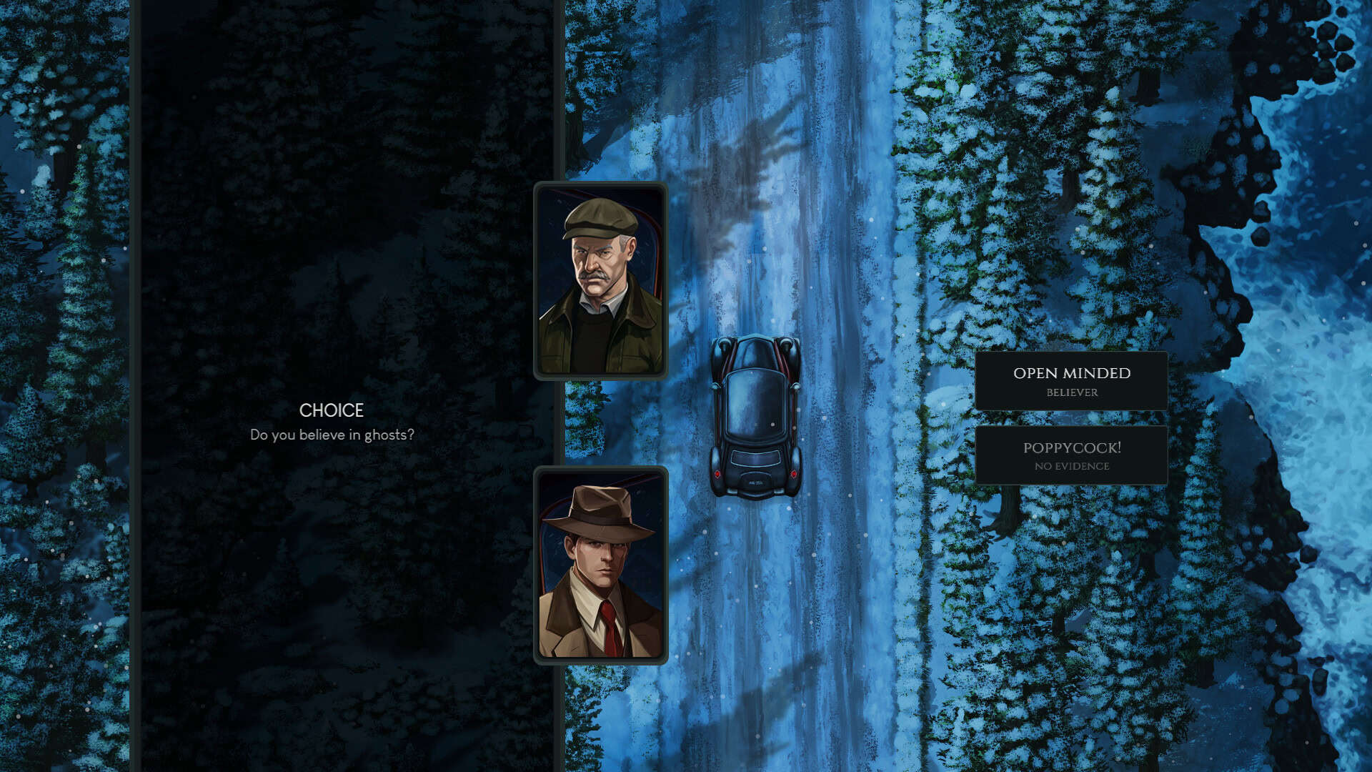Hollow Mire screenshot showing a car driving on a snowy road, and the player being asked if they believe in ghosts.
