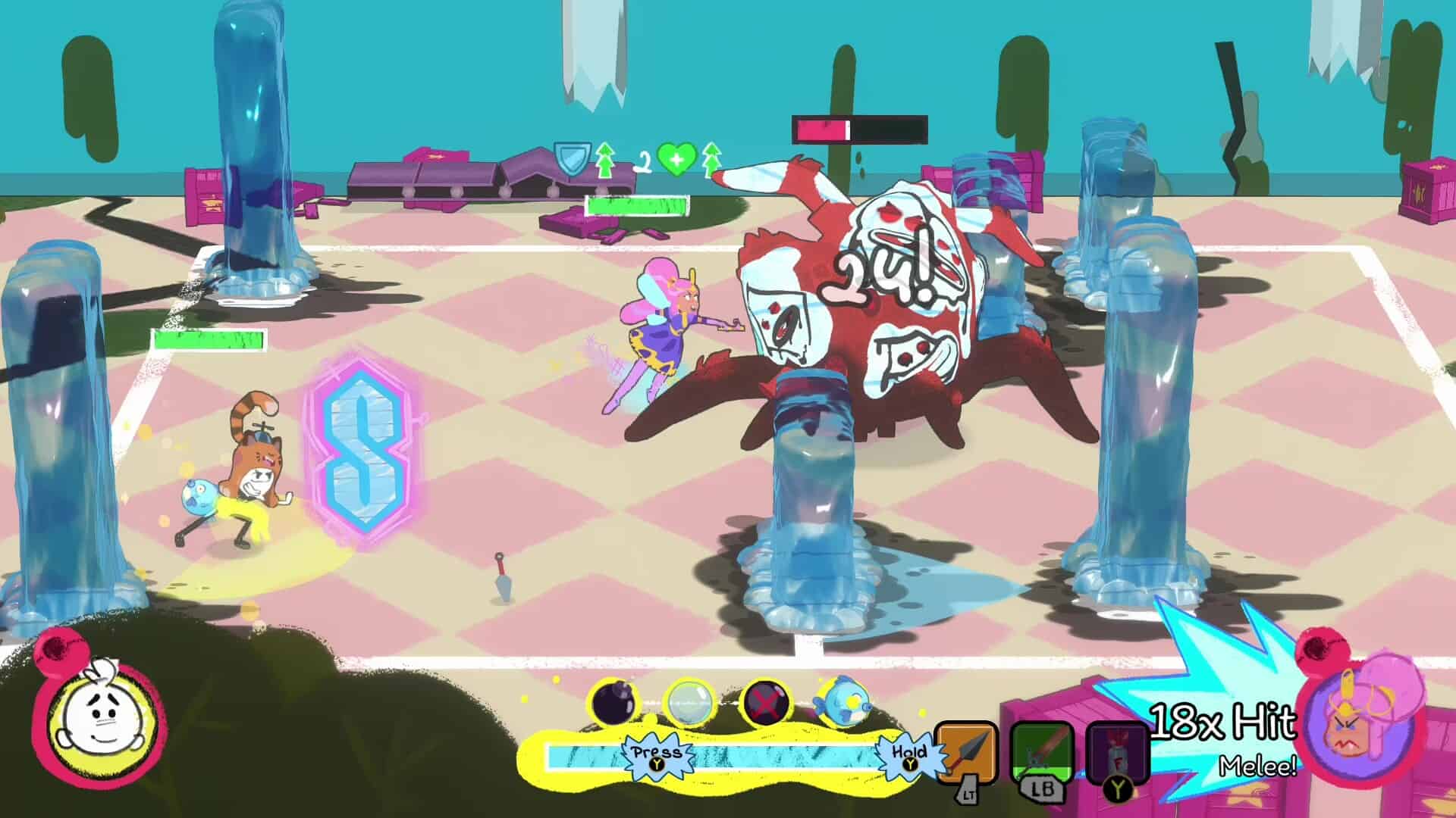 This image shows a screenshot of gameplay from the game Ink Inside with very colorful characters surrounded by cartoon enemies and using super powers to fight them.