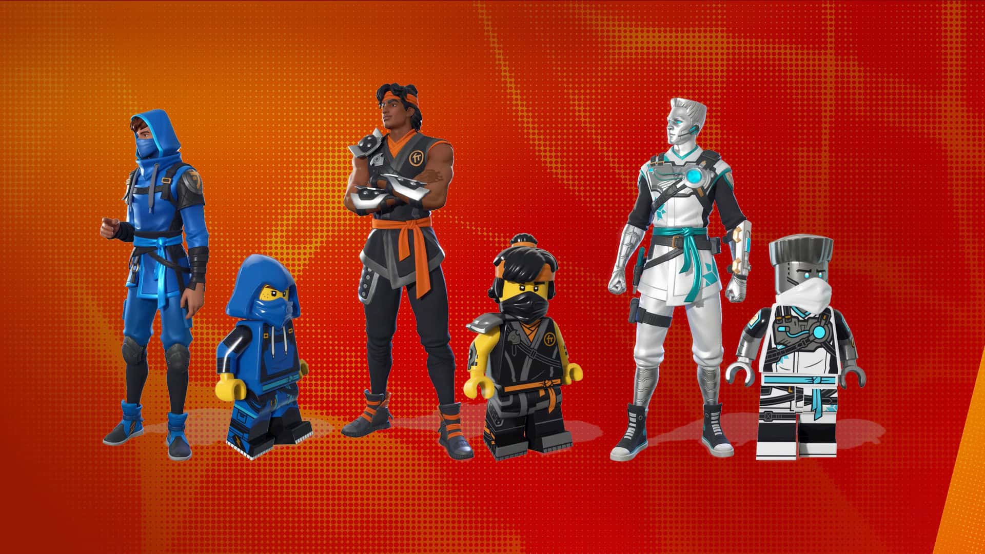 LEGO Ninjago Fortnite item shop skins collected together on an orange background, each side-by-side with their LEGO variants