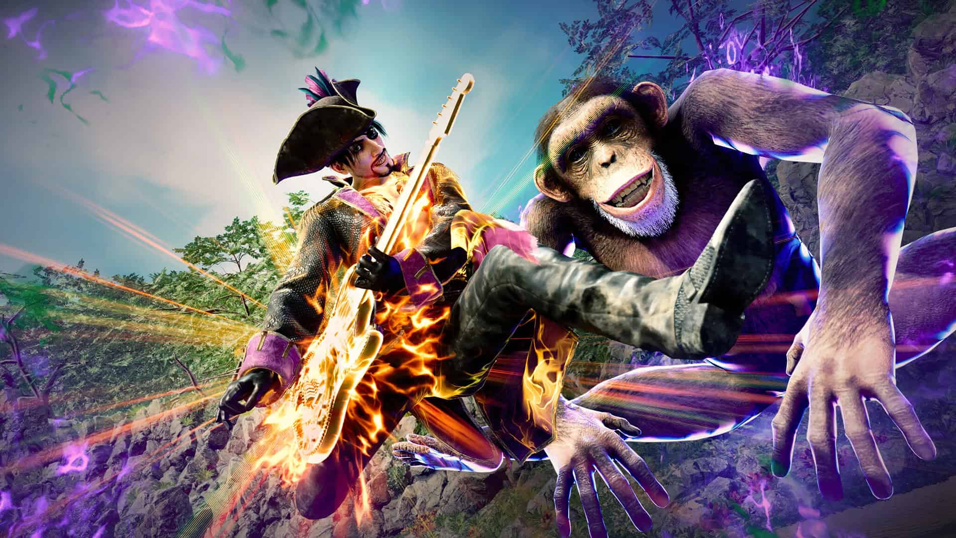 A screenshot of Majima and a chimpanzee in Like a Dragon: Pirate Yakuza in Hawaii