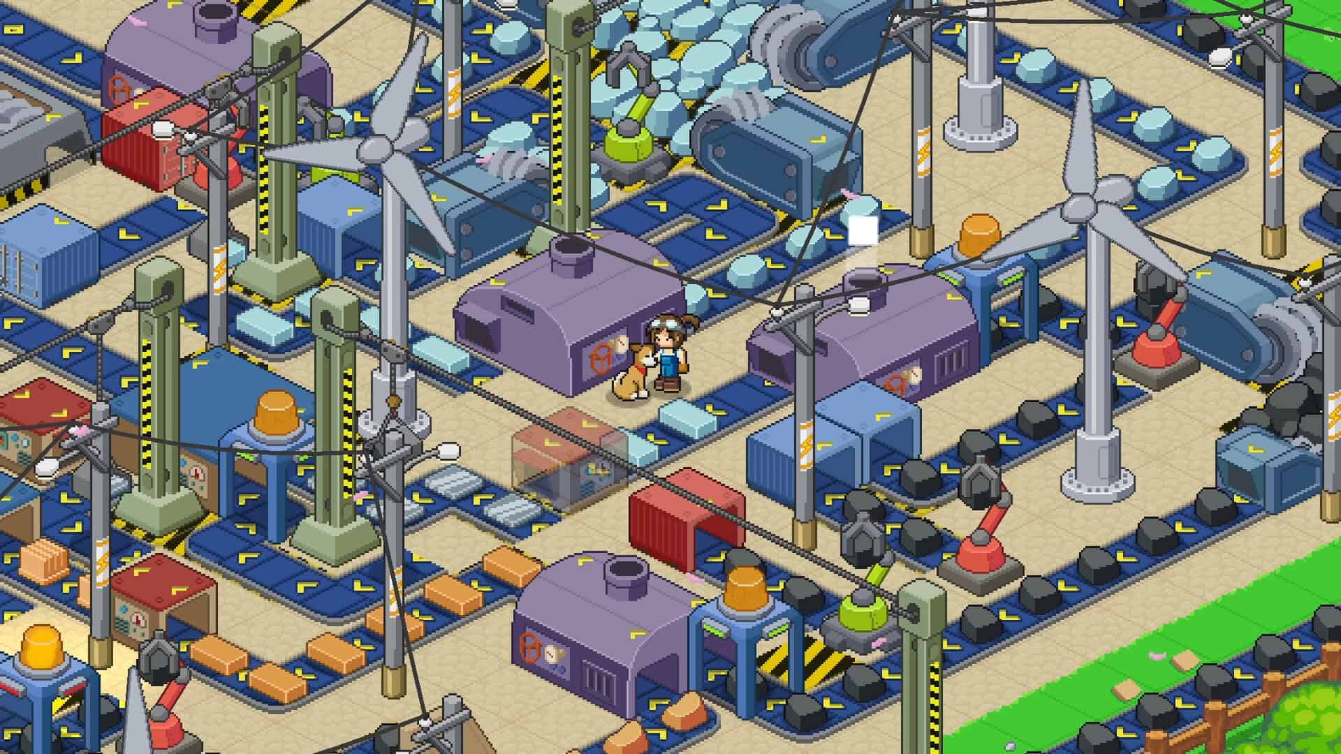This image shows a screenshot of gameplay from the game Little Rocket Lab, including the protagonist and her dog surrounded by an elaborate contraption.