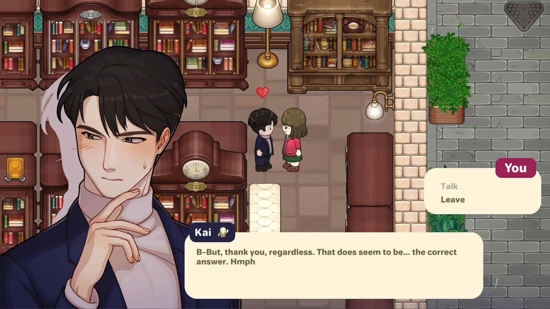 A blushing man is in dialogue with the main character in a library.