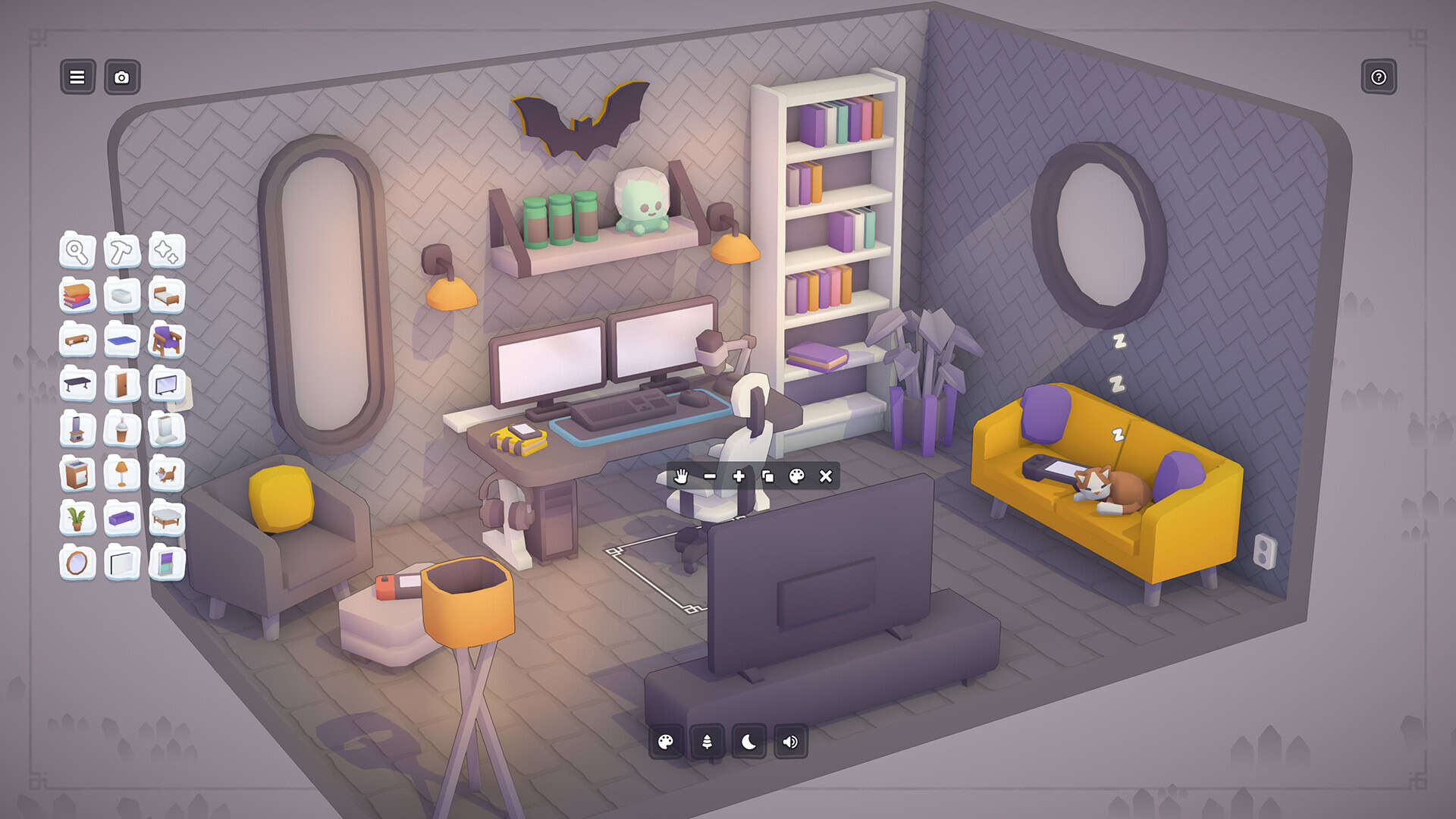 A grey room featuring mirrors and a vampire bat looking over a living room.