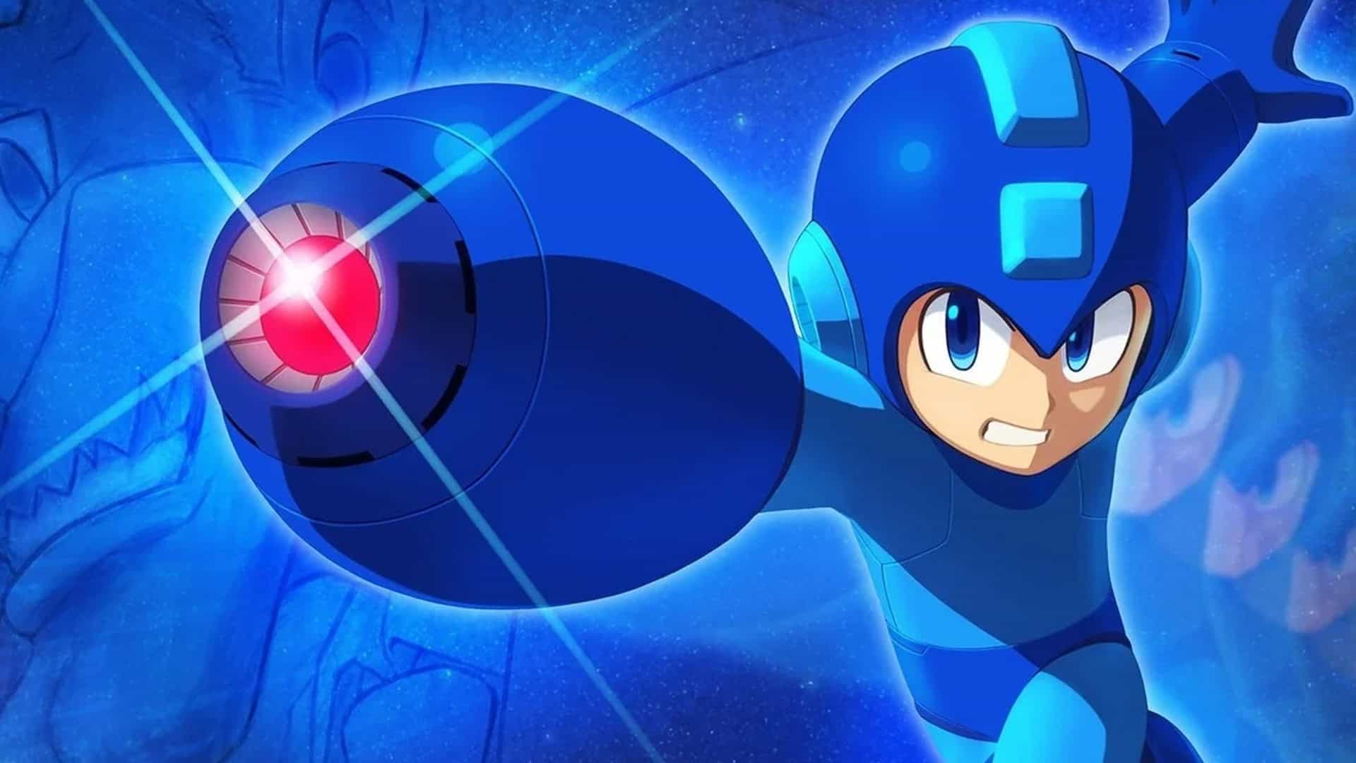 Mega Man 11 key art, featuring the titular character aiming his cannon past the camera