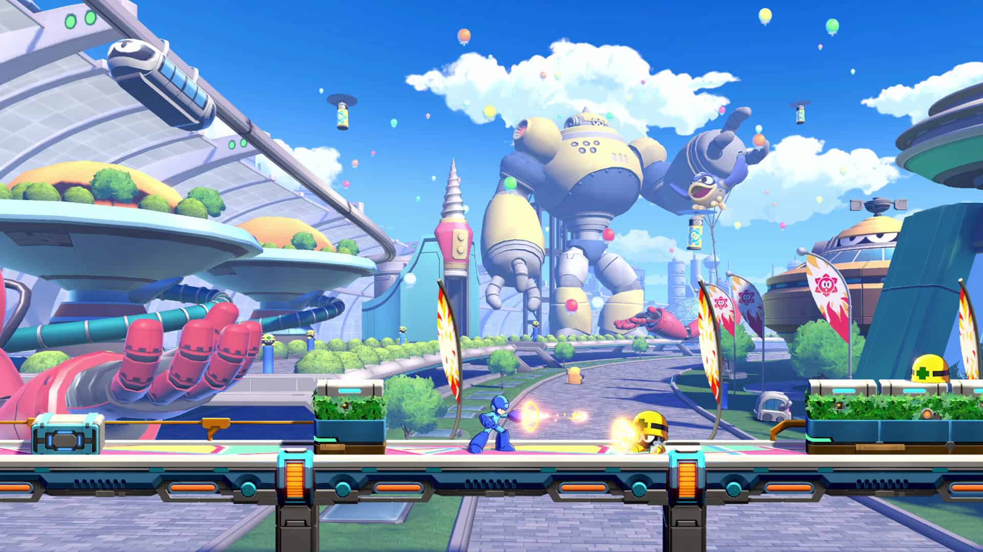 Mega Man Dual Override screenshot with balloons floating around a technological landscape 