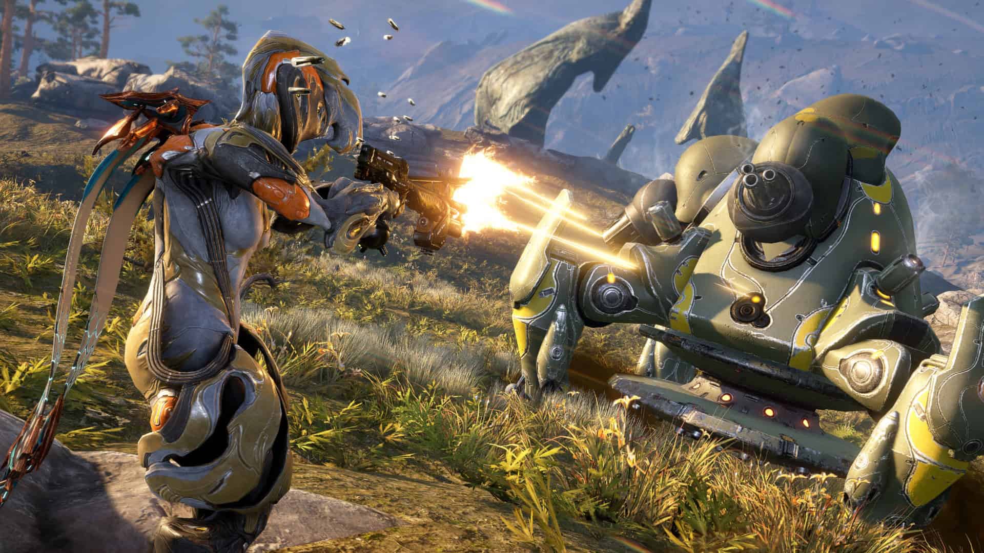 Warframe shoots at an enemy vehicle.