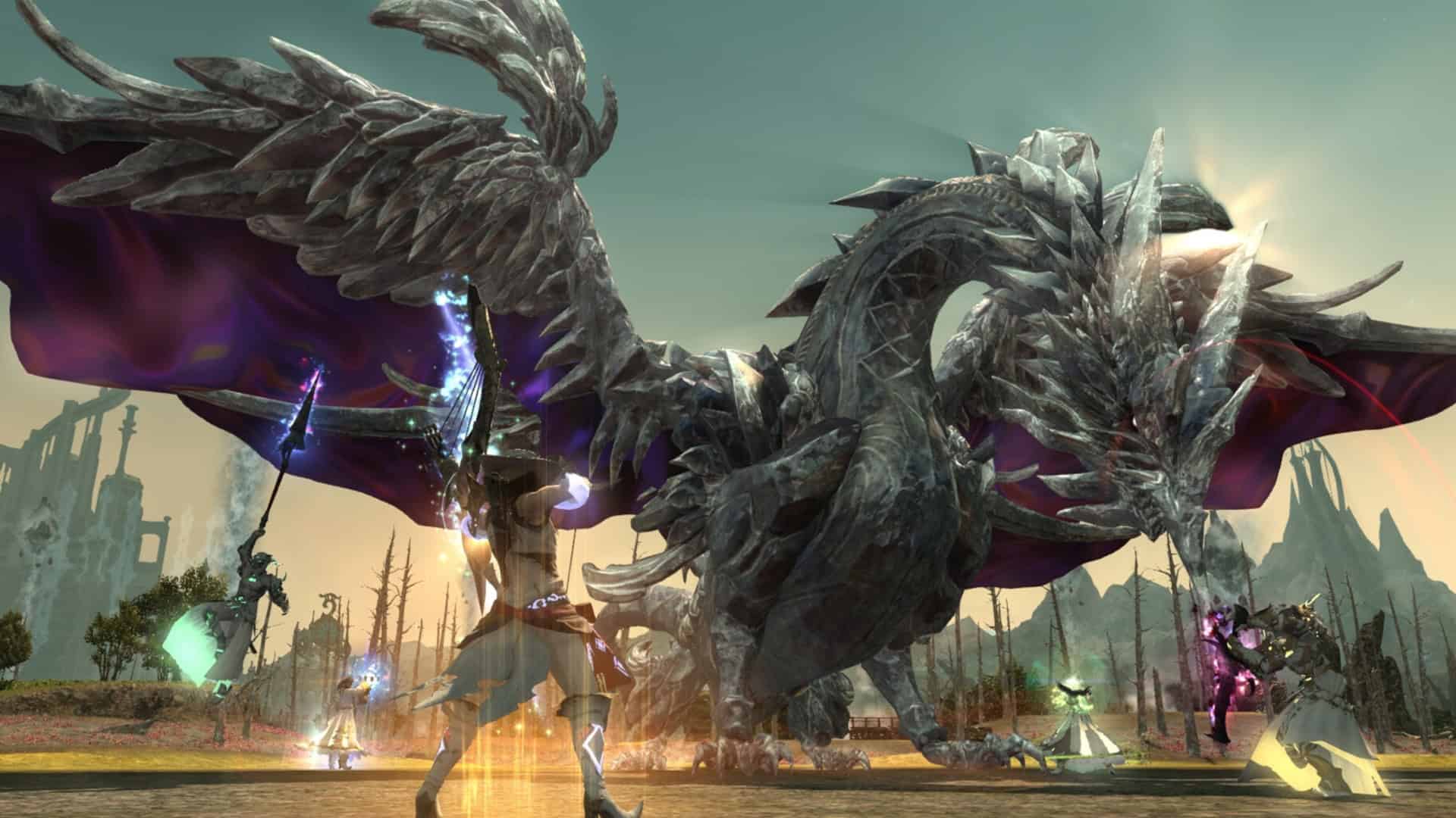 Warriors fight a dragon in FF14.