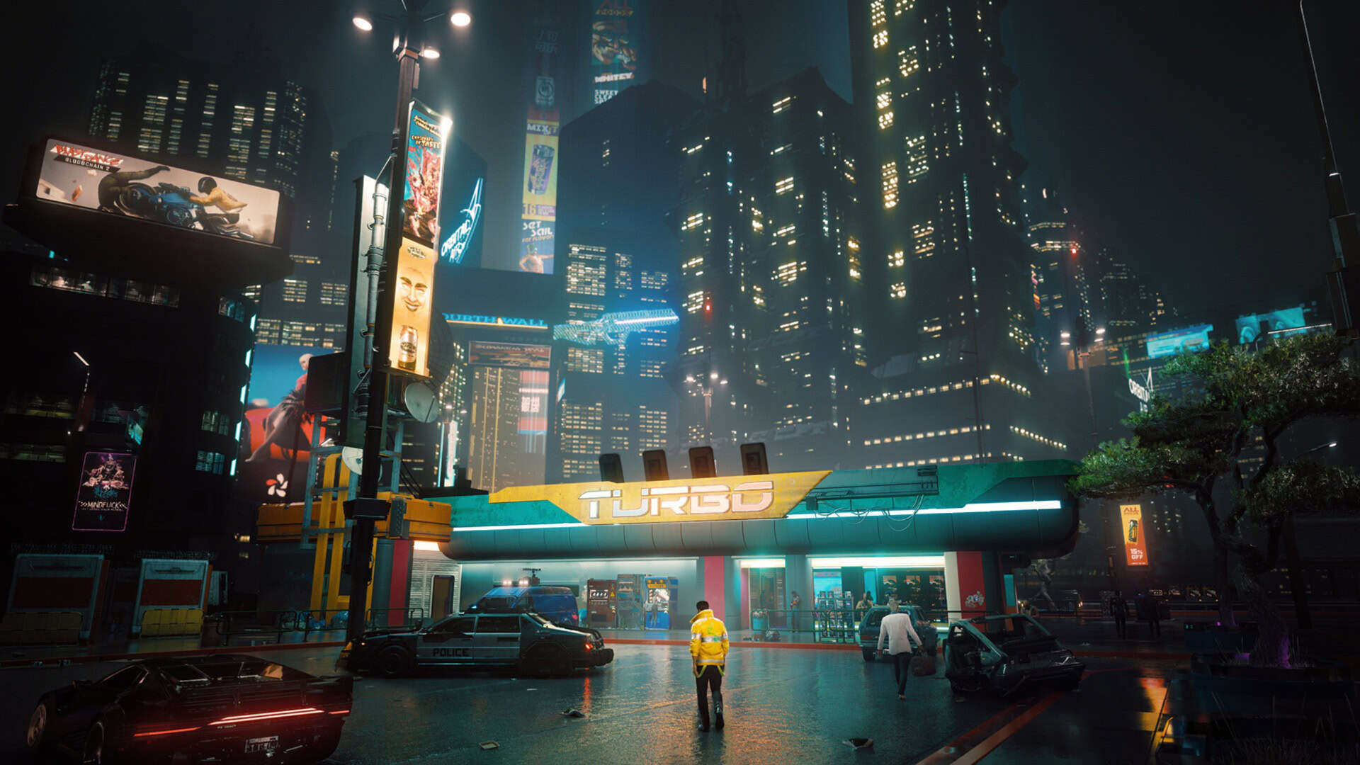 V walks into a building and the city in the background.