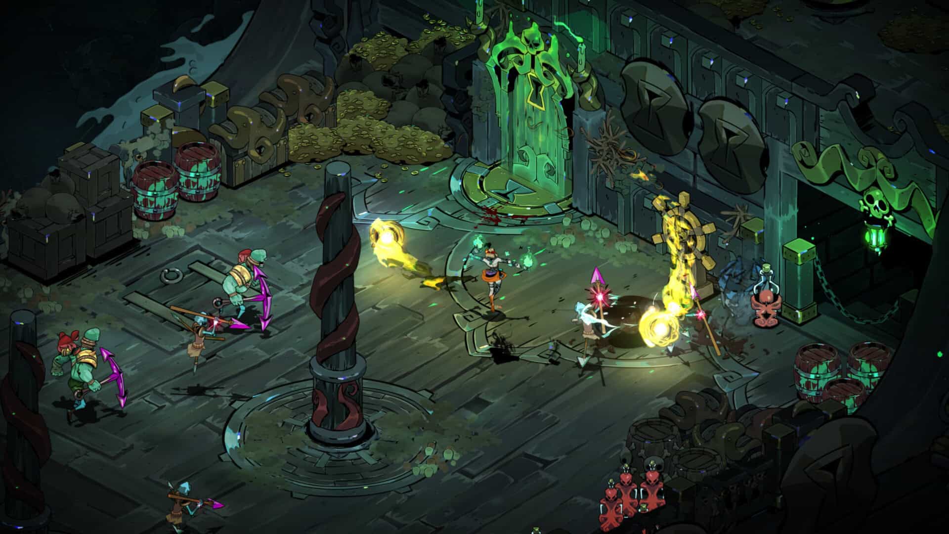 Melinoë fights enemies while on a ship.