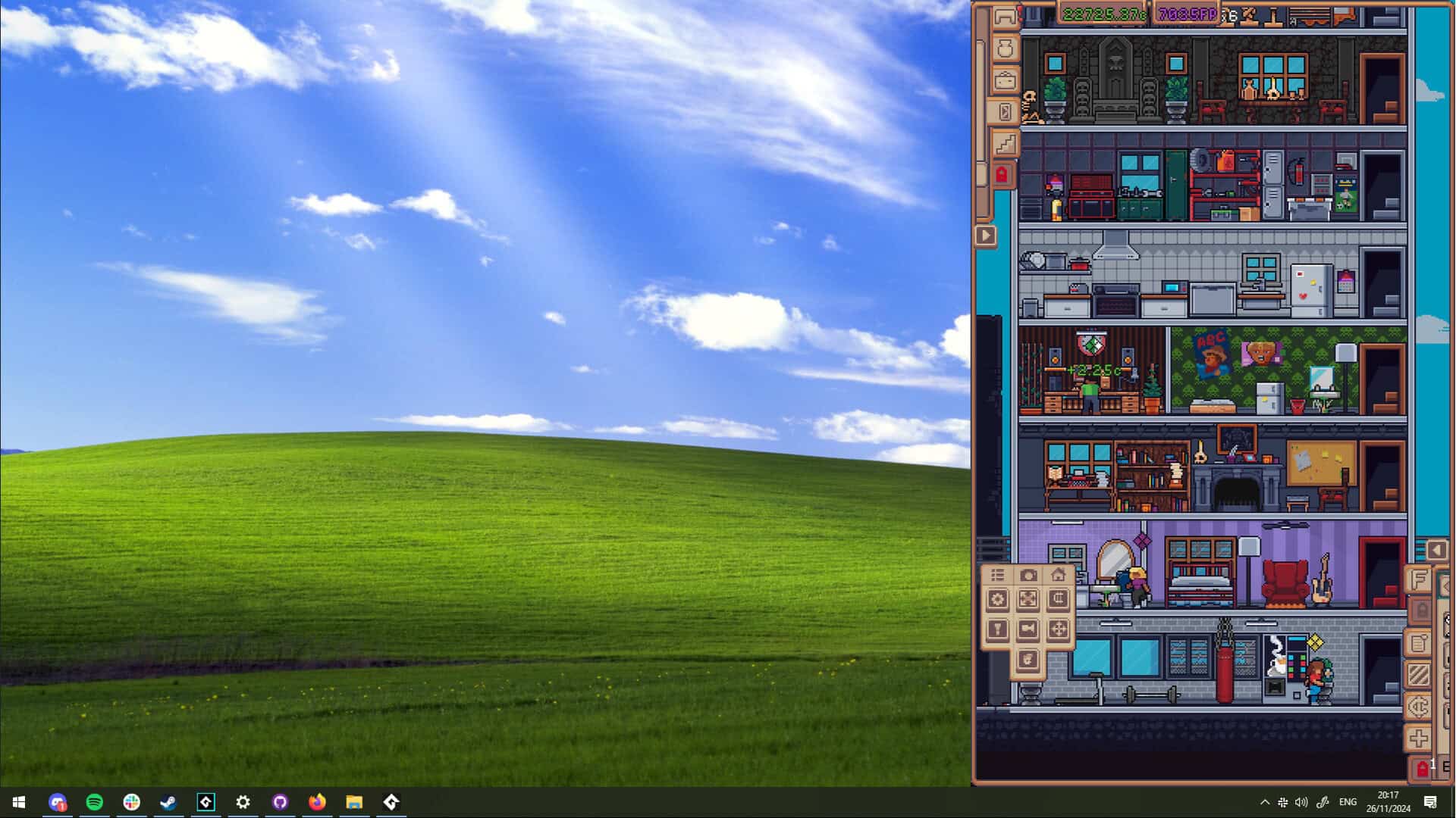The game being played on the right half of the screen while the left half shows a windows desktop.