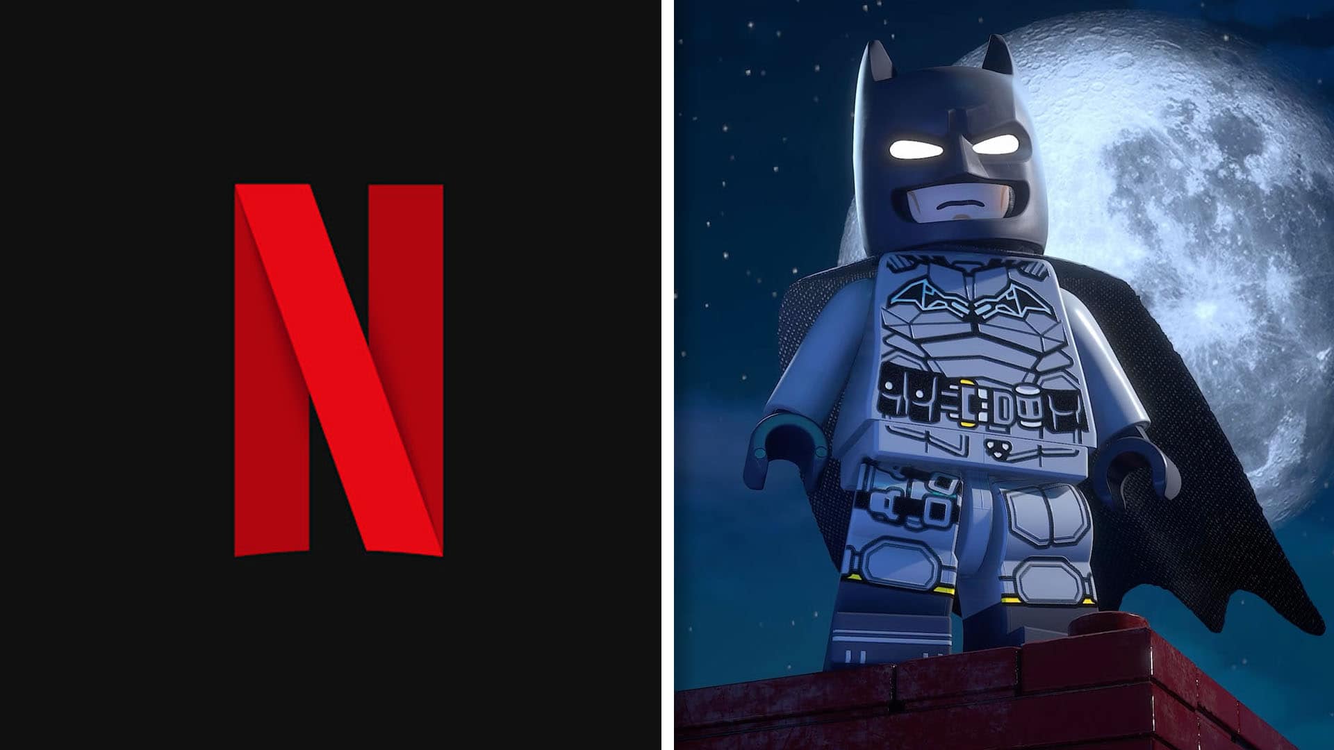 A split image showing the Netflix logo and Batman in LEGO Batman Legacy of the Dark Knight