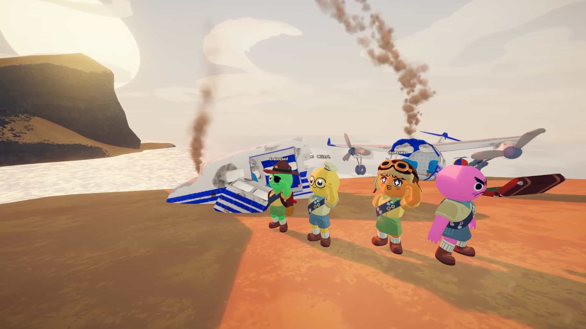 A screenshot of Peak player avatars at the game's opening crashsite. 