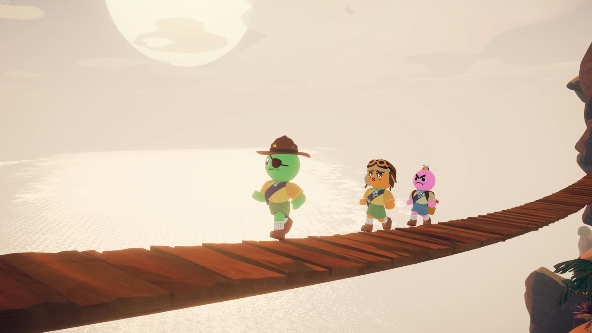 A screenshot of Peak player avatars crossing a bridge.