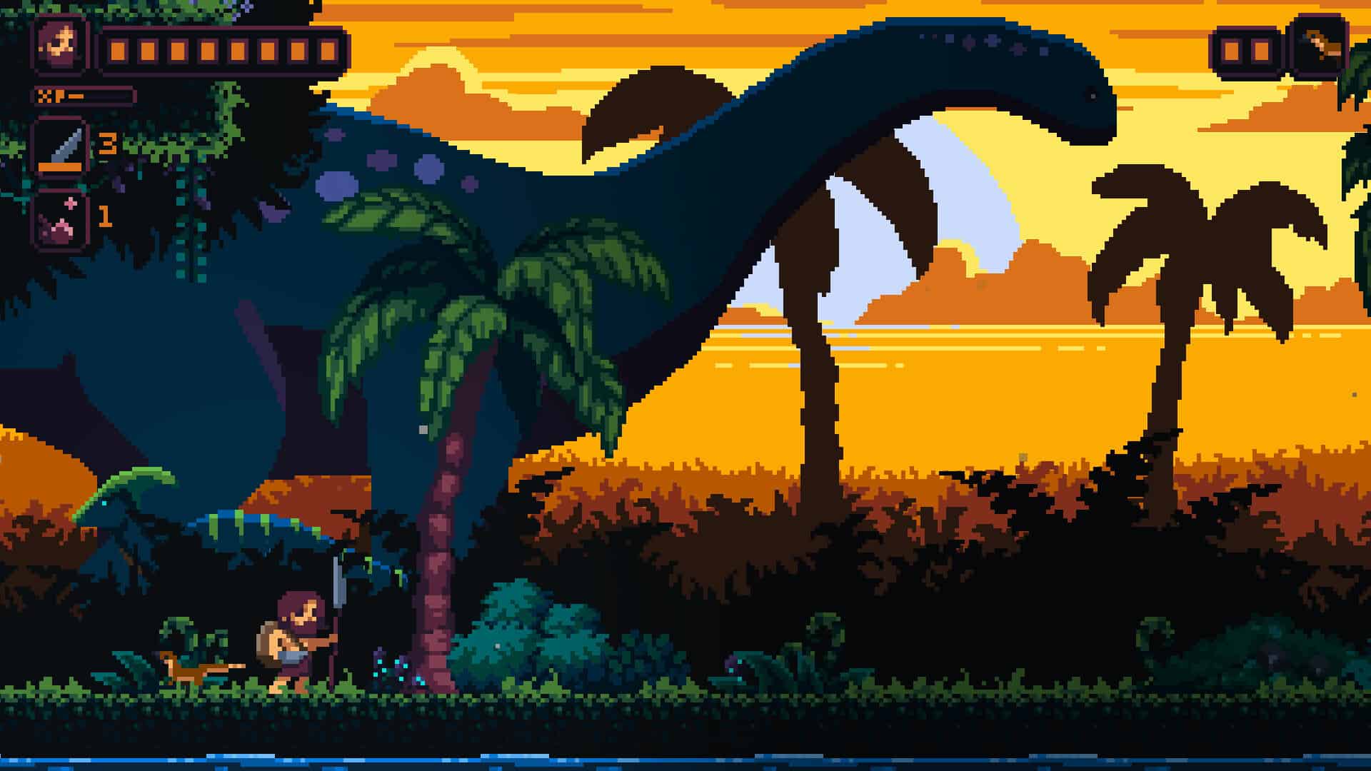 A silhouette of a dinosaur against a sunset in a primal jungle. 