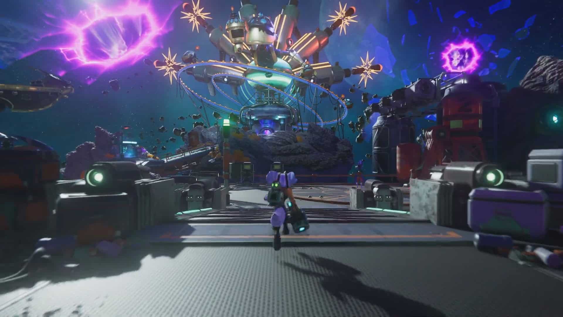 Rivet runs towards a strange building against the backdrop of space with purple rifts.