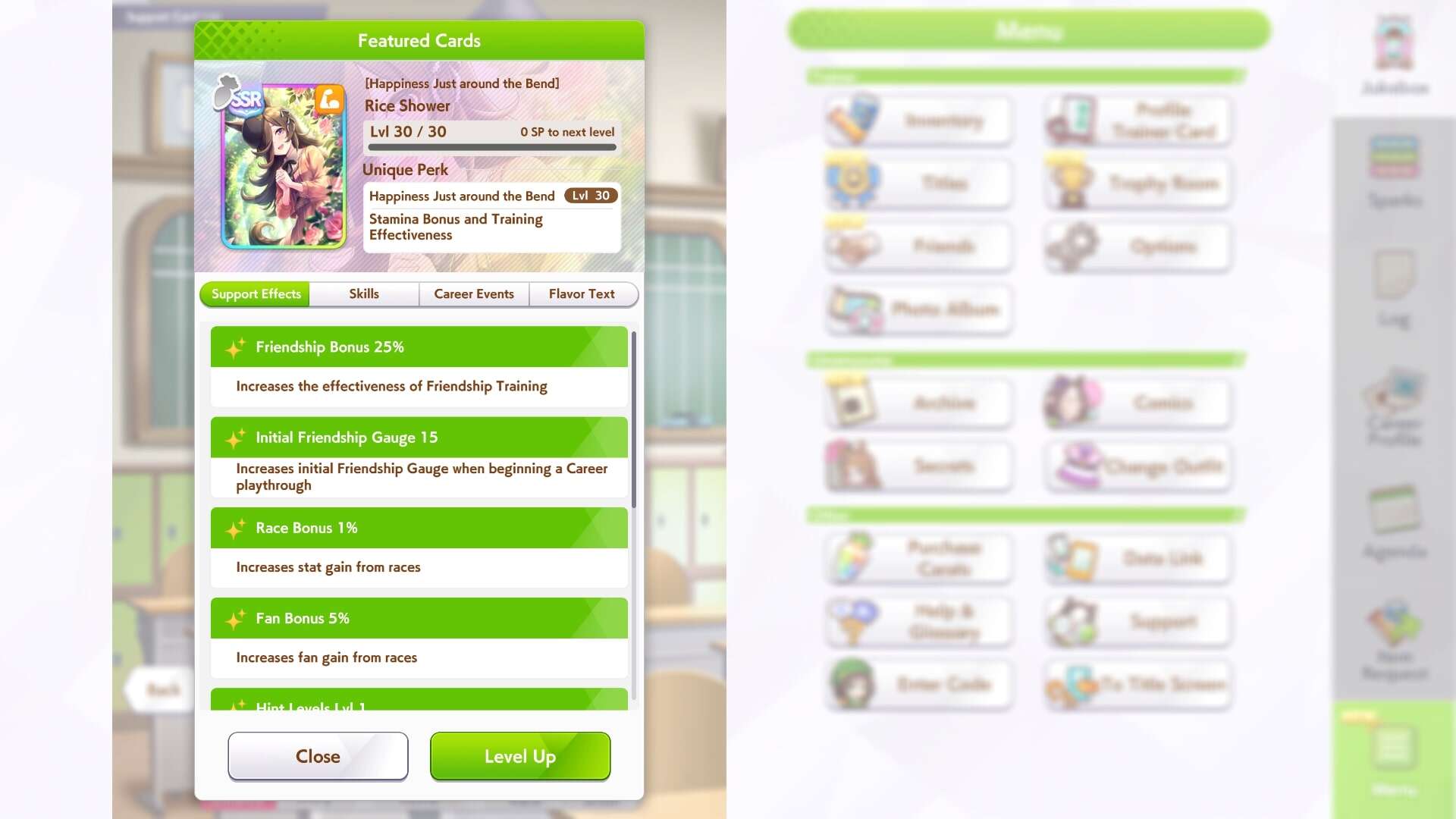 Rice Shower power card is shown.