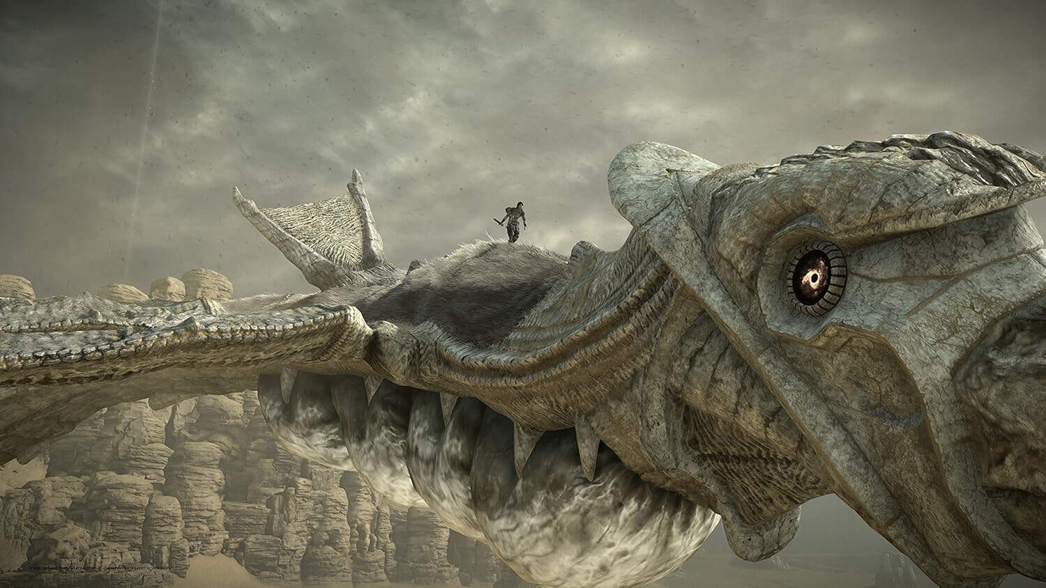 A screenshot of the player taking down a colossus in Shadow of the Colossus