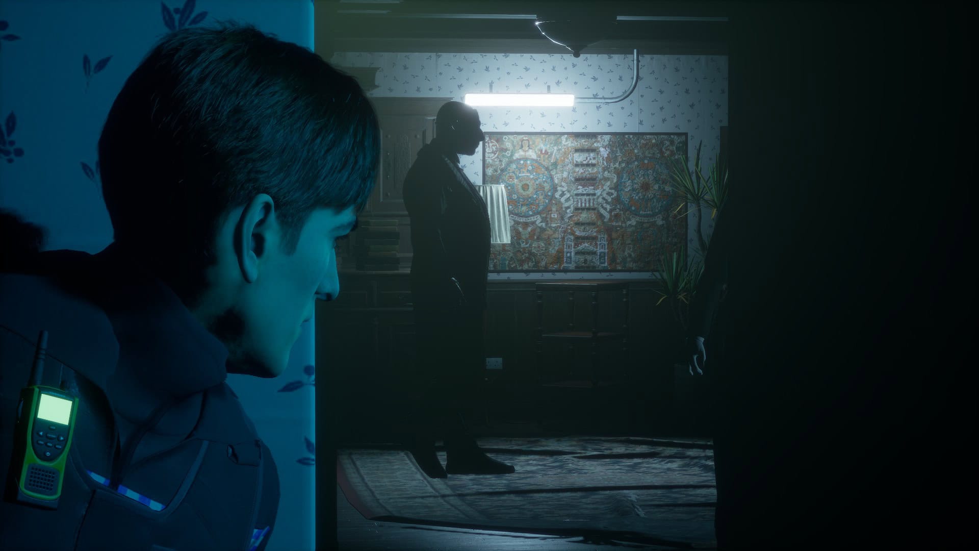 This image shows a screenshot of gameplay from the game She's Leaving, showing a police officer looking around a corner and spying on another man.