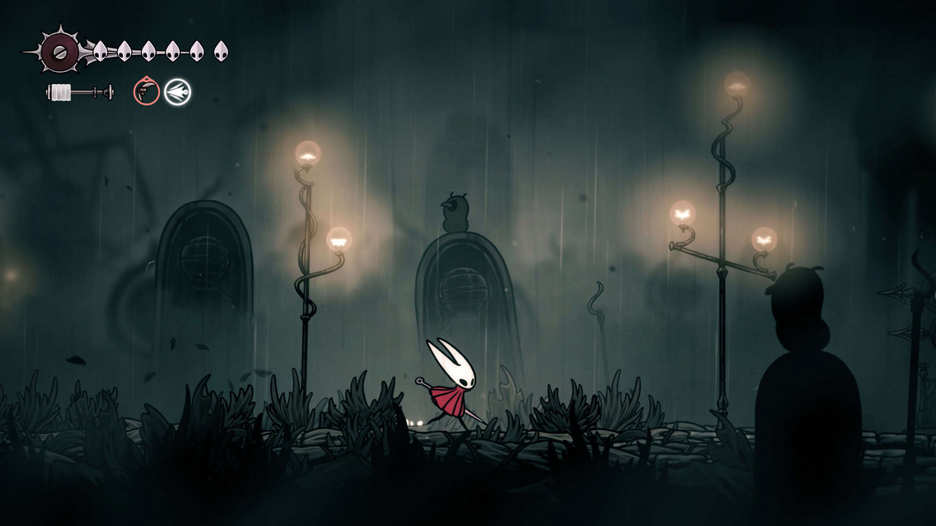 A screenshot of the player character, Hornet, in Hollow Knight: Silksong