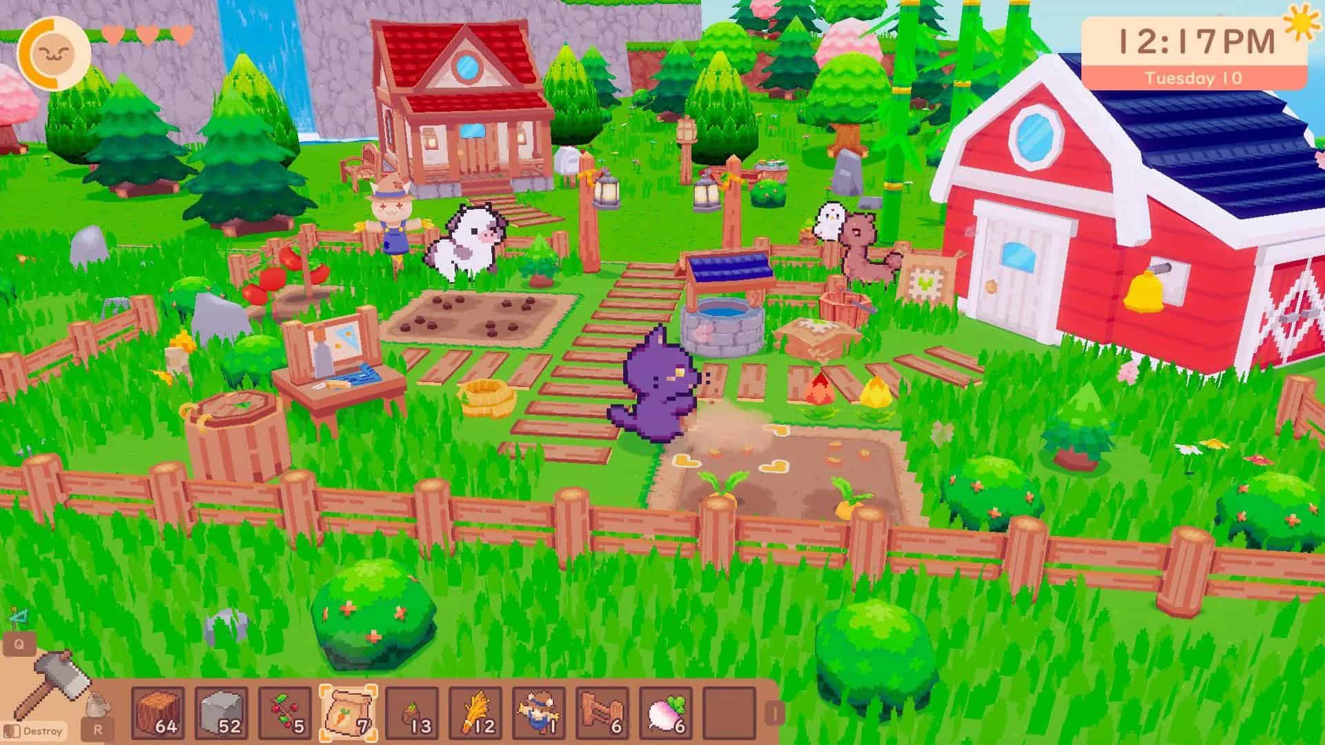 Two animals working on building out their farm and house. 
